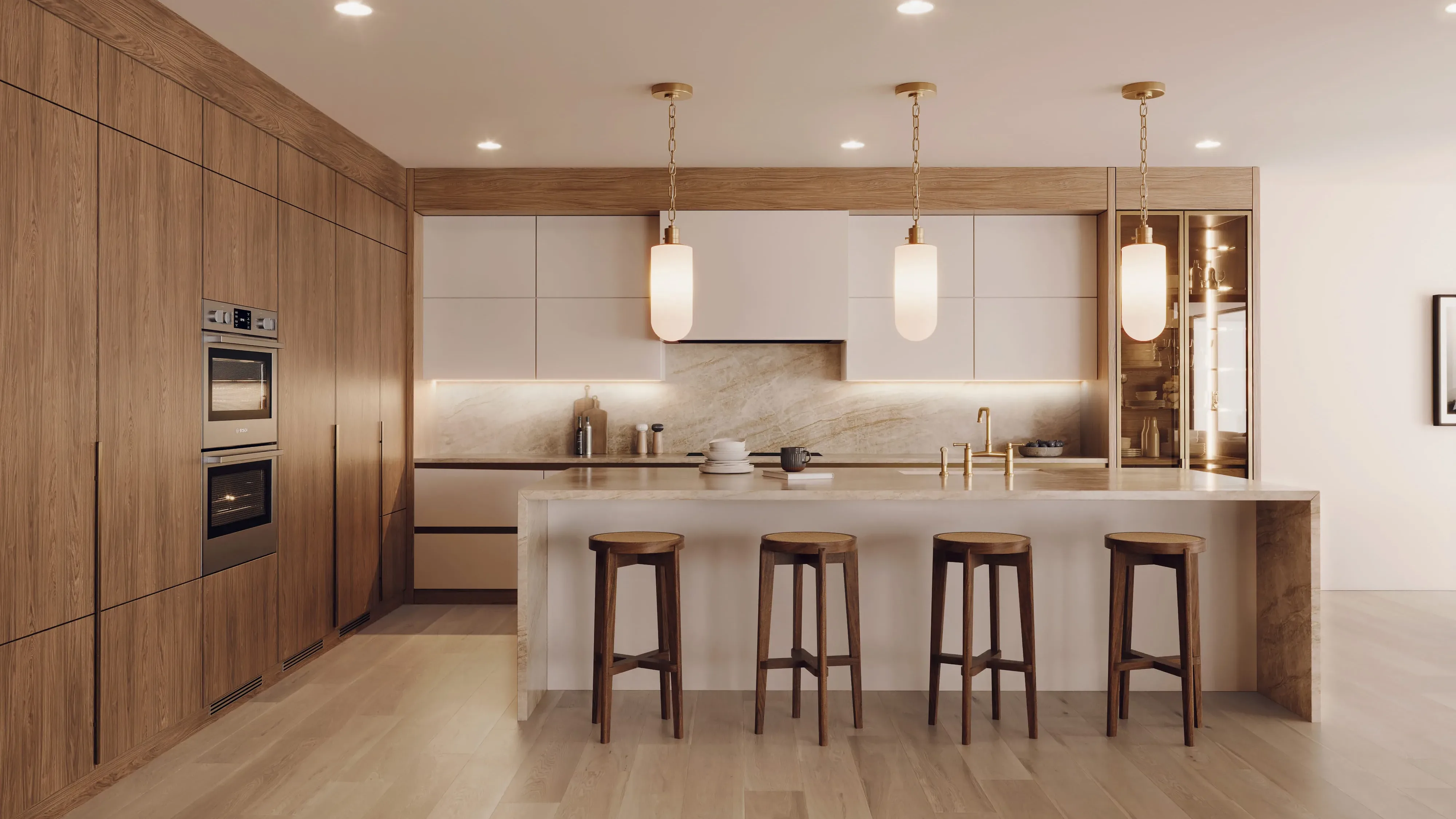 Kitchen 3D rendering of a modern interior with wood cabinetry, marble island, pendant lights, and bar stools