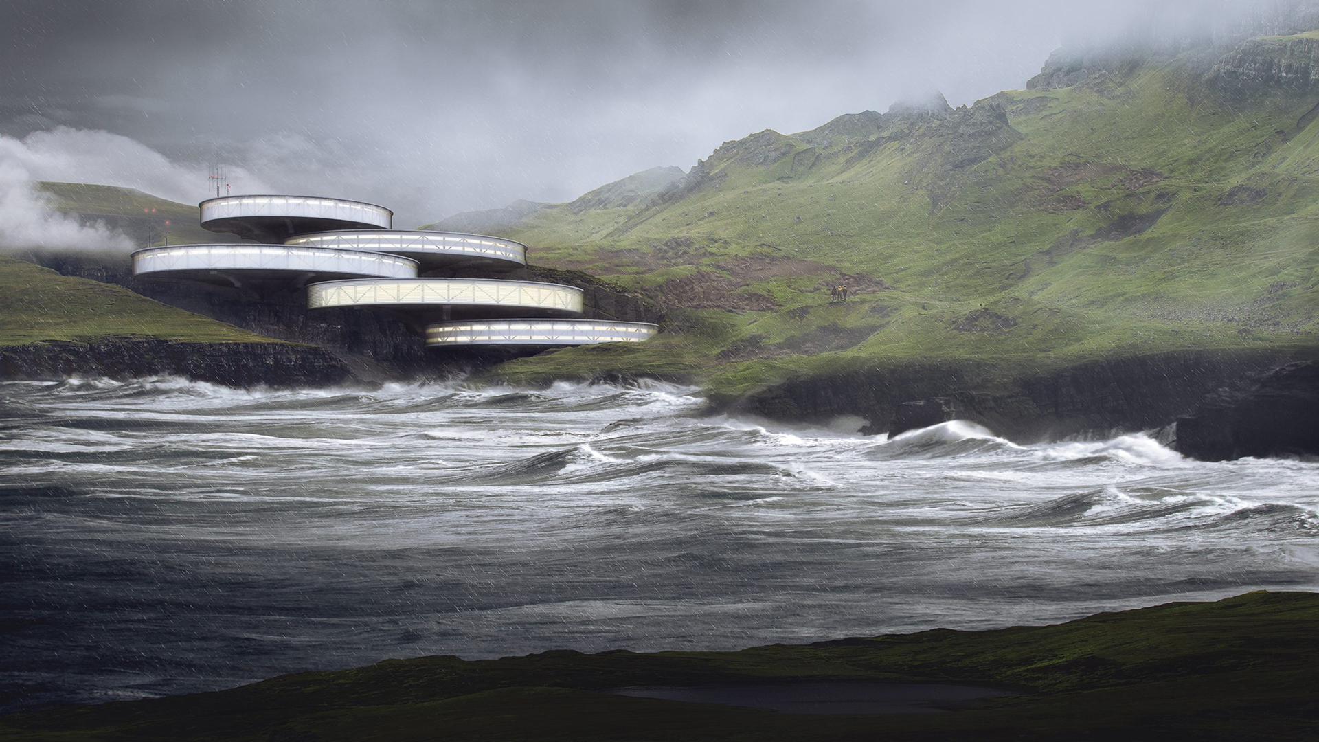 High-Quality Rendering of a Modern Hotel on a Shore