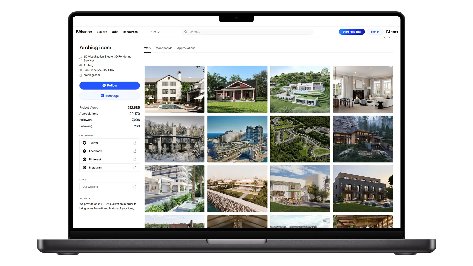 Behance profile page with architectural 3D renderings, demonstrating social media posting for professional design portfolios