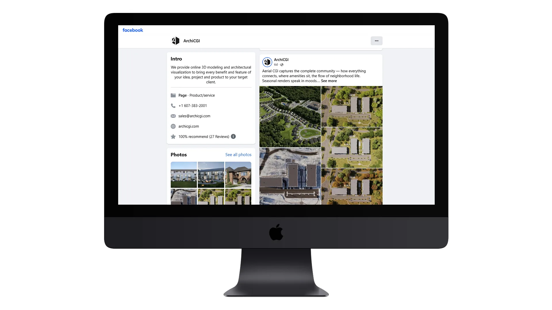 Facebook social media page presenting aerial community renderings and architectural visualizations in a branded post layout