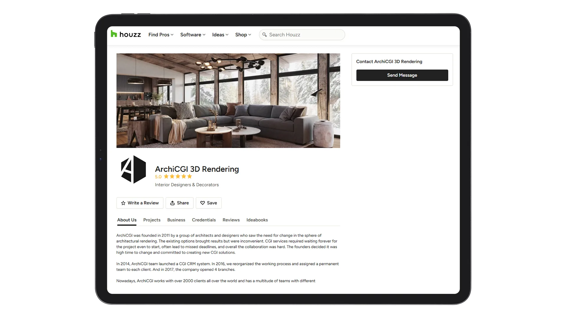 Houzz social media platform interface displaying a CGI studio profile with interior rendering cover image and company details