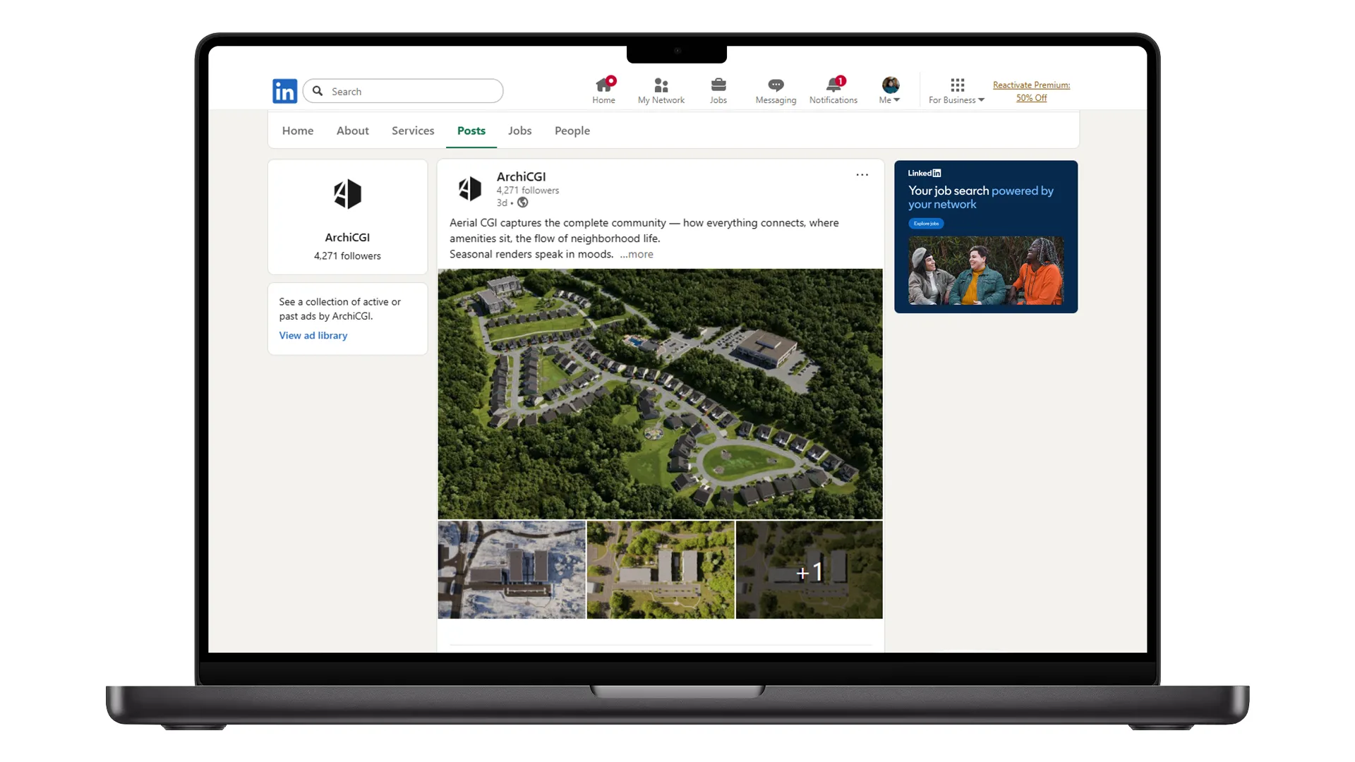 LinkedIn social media company page sharing large-scale architectural renderings and masterplan visualizations in a professional pos