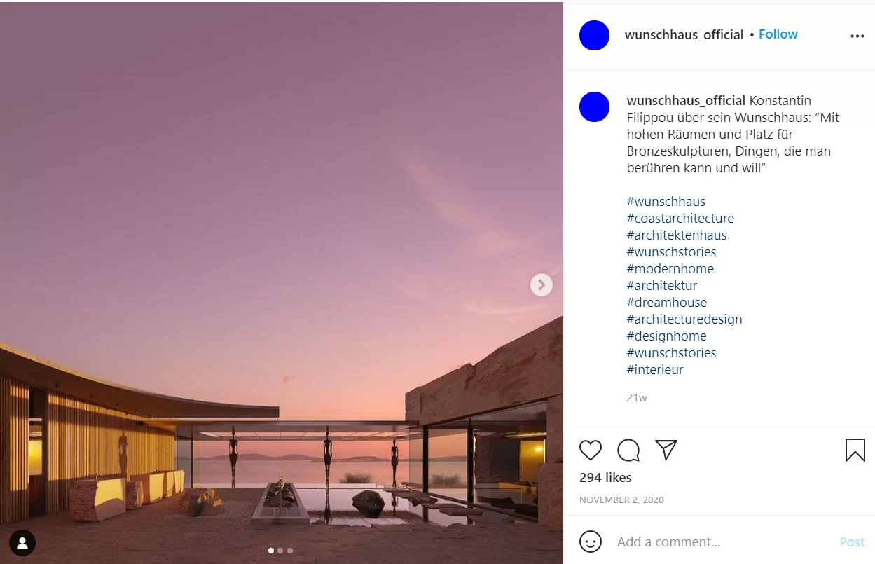 Contemporary coastal house with panoramic glass walls and an infinity pool at sunset, featured as architecture content for social media posting