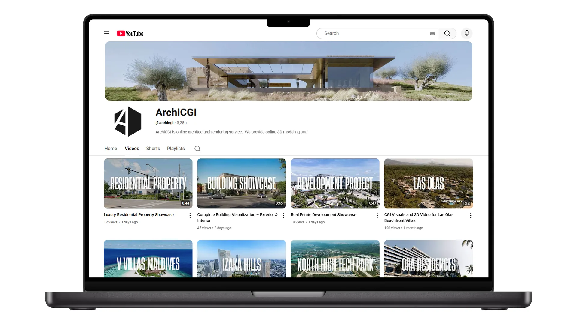 YouTube social media channel highlighting architectural renderings and cinematic real estate visualizations in video showcases