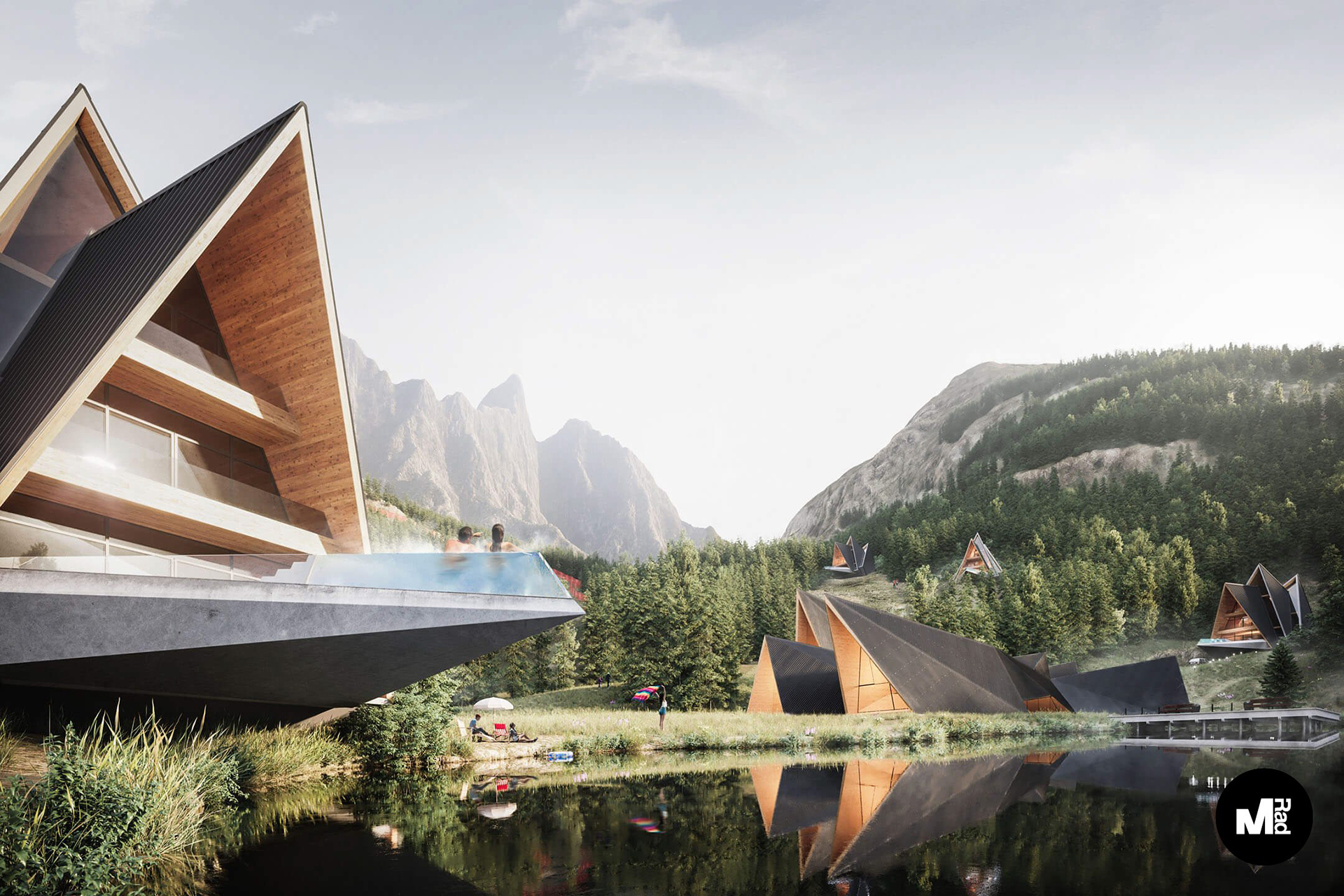 3D Exterior Visualization of a Lakeside Resort Hotel