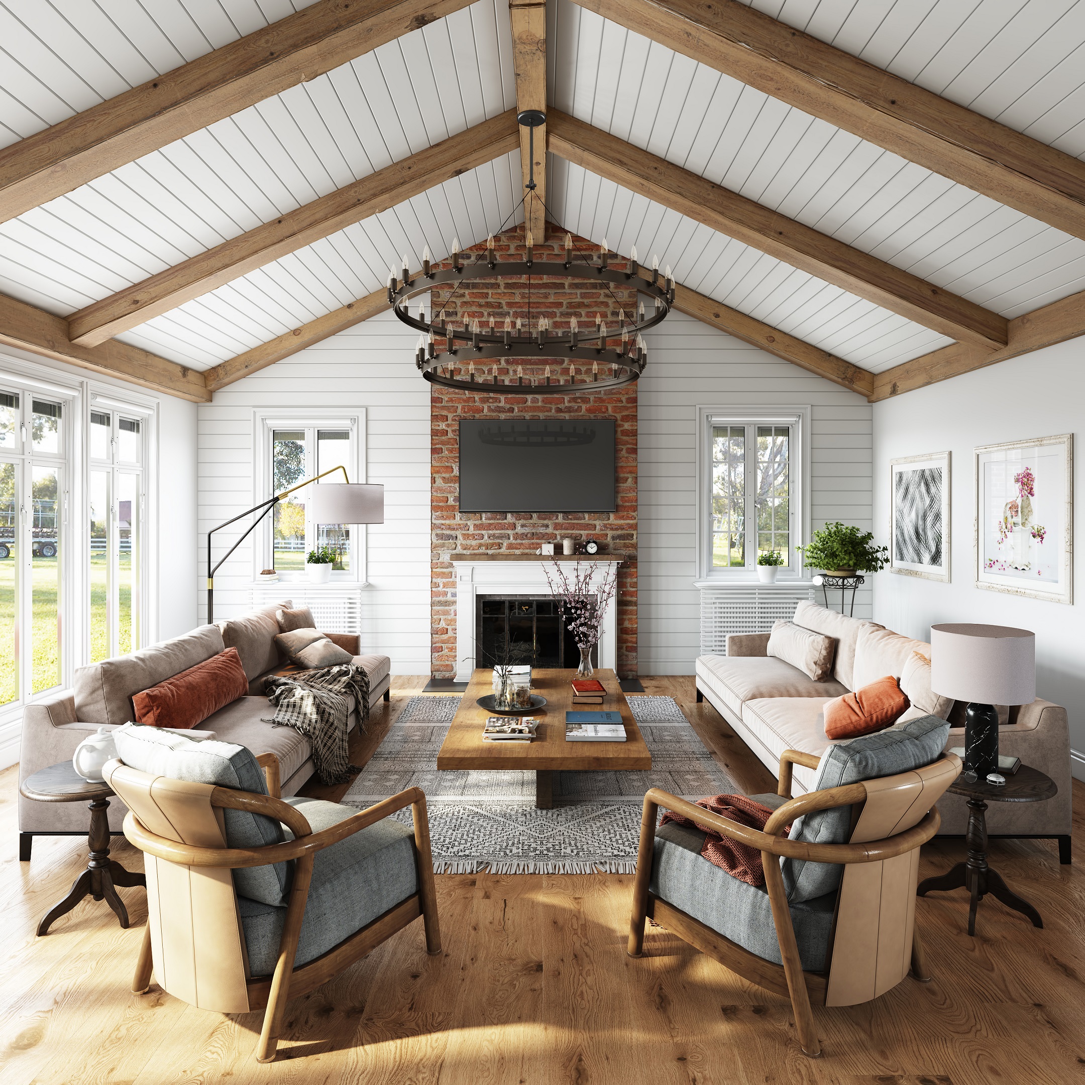 3D Visualization of a Modern Country-Style Living Room