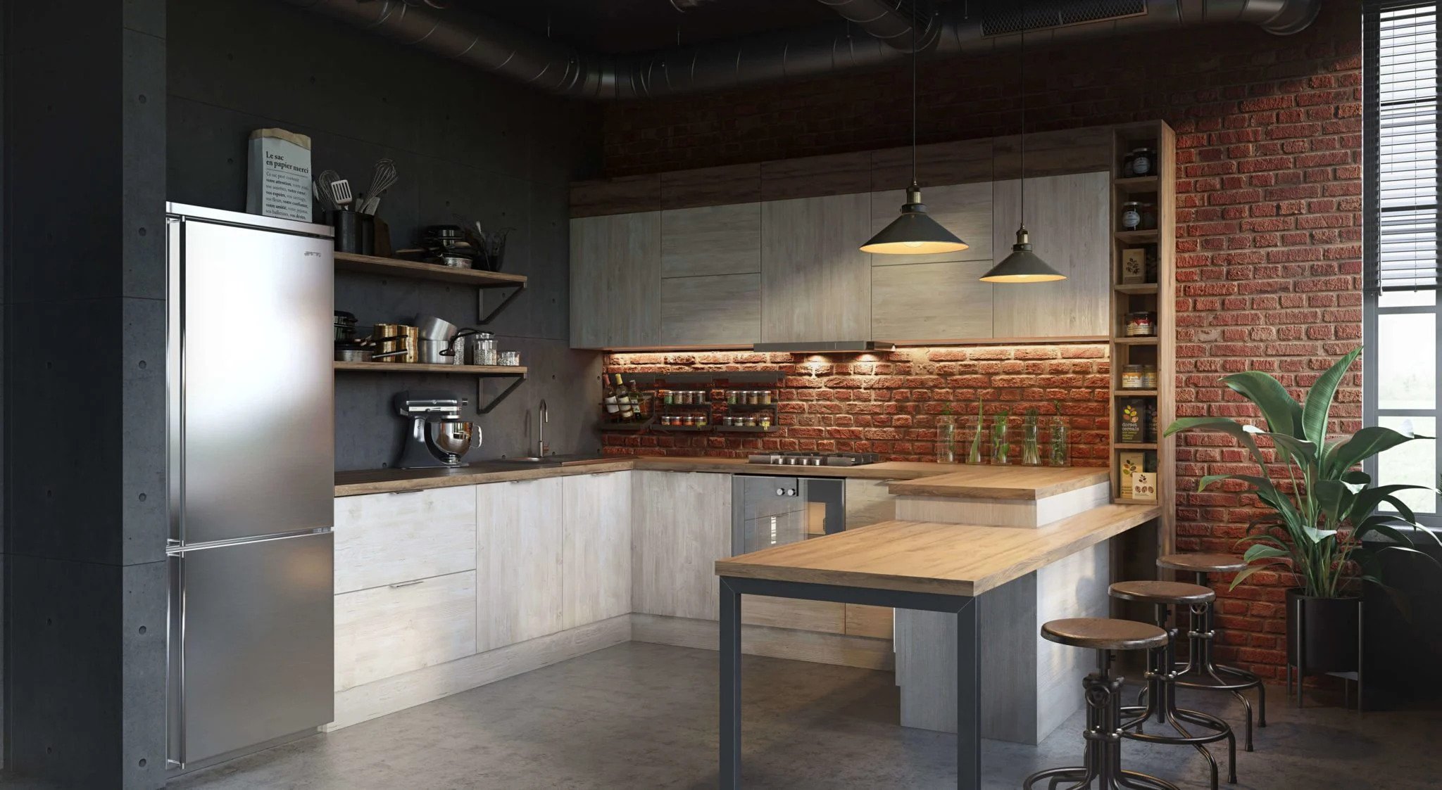 Kitchen Design 3D Rendering in Industrial Style