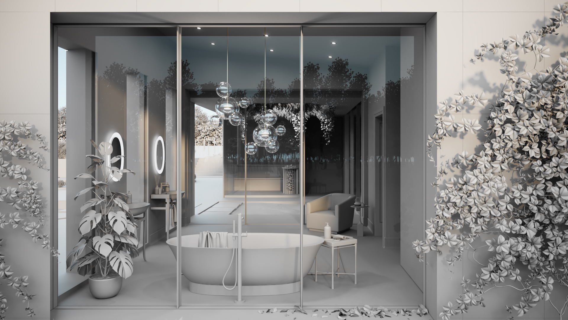 Grayscale 3D Visualization of a Bathroom