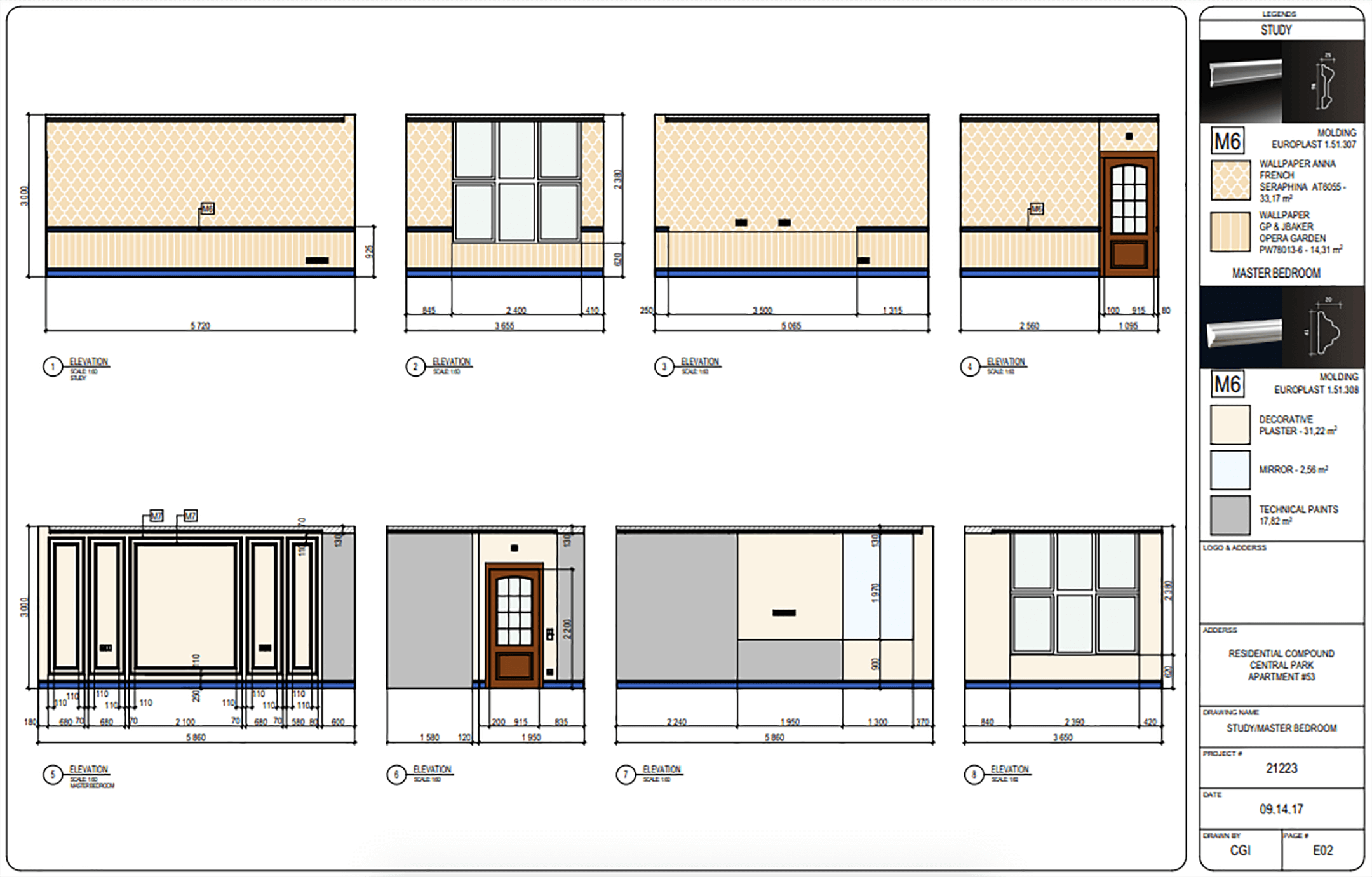 Wall Elevations with Dimensions and Interior Finishing Materials