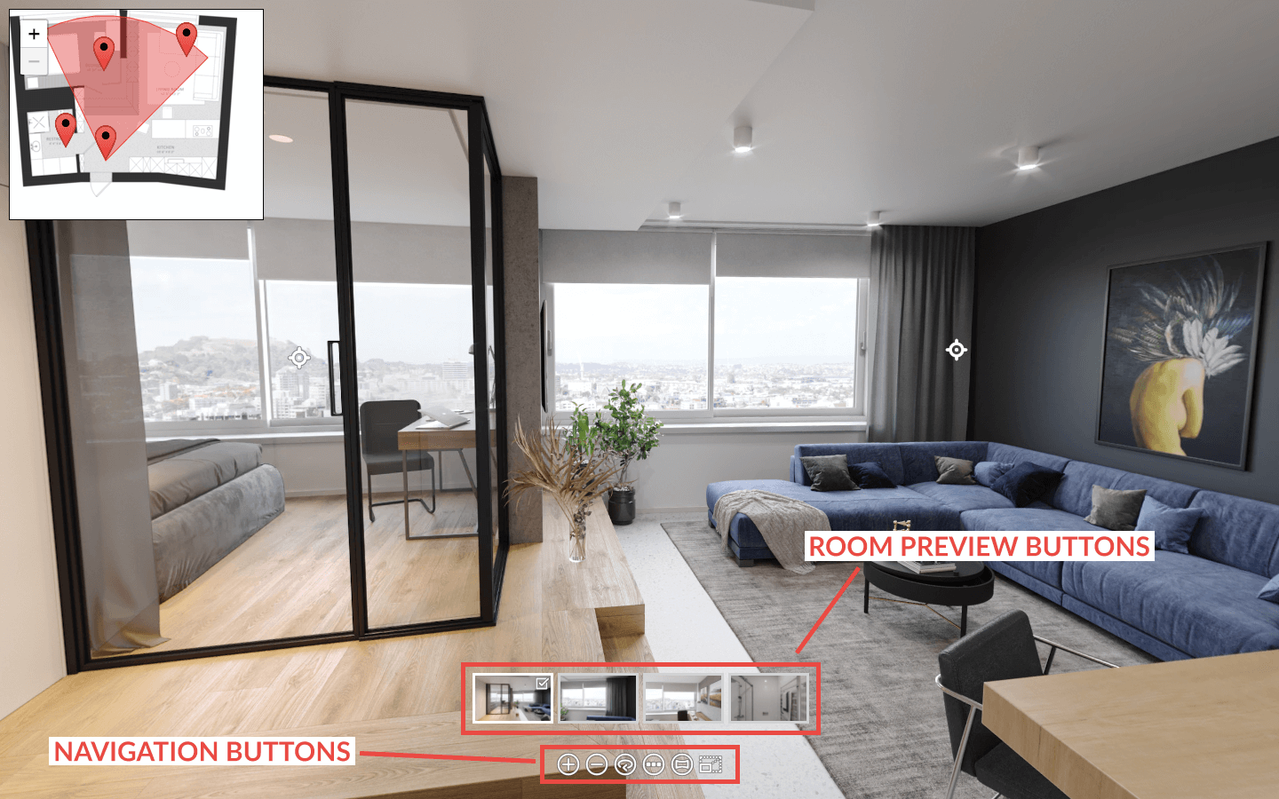 Navigation and Room Preview Buttons in Virtual Tours