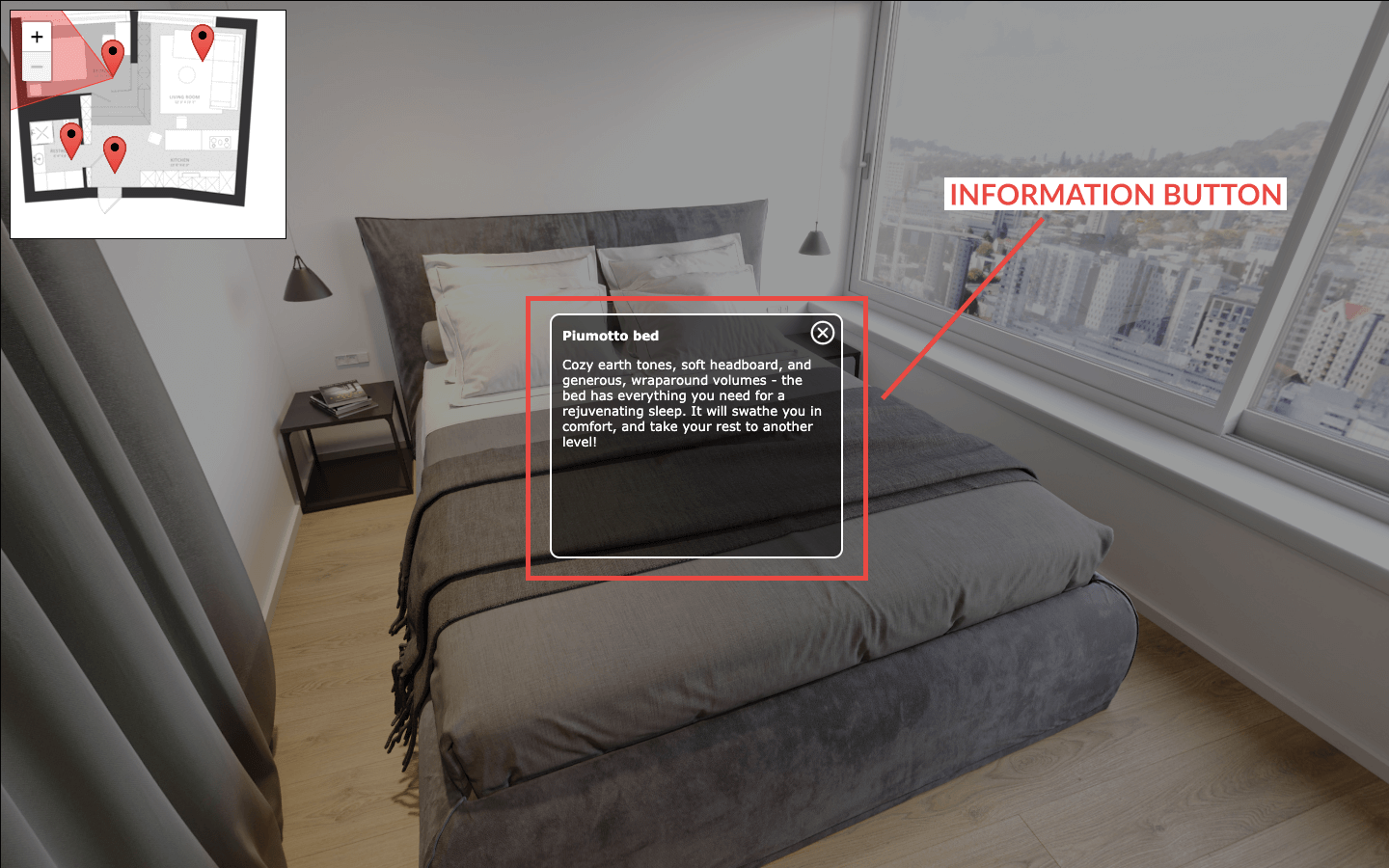 Information Button with a Description of a Bed in a 3D Tour