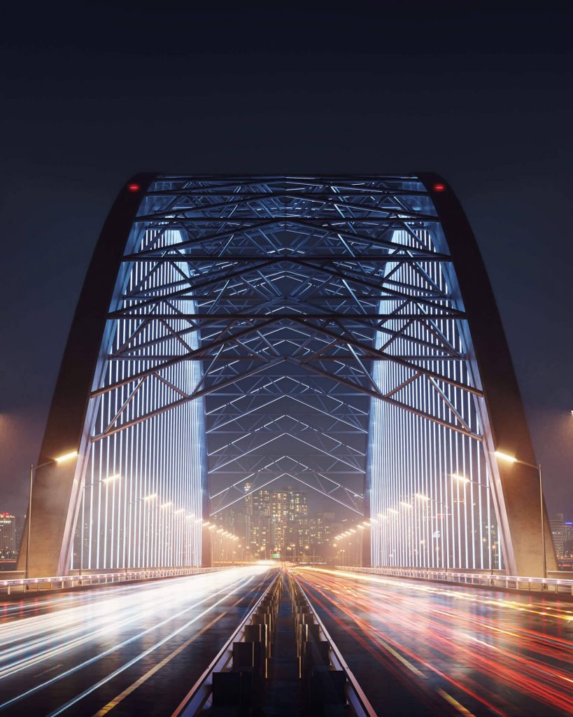 Photorealistic Nighttime 3D Render of a City Bridge