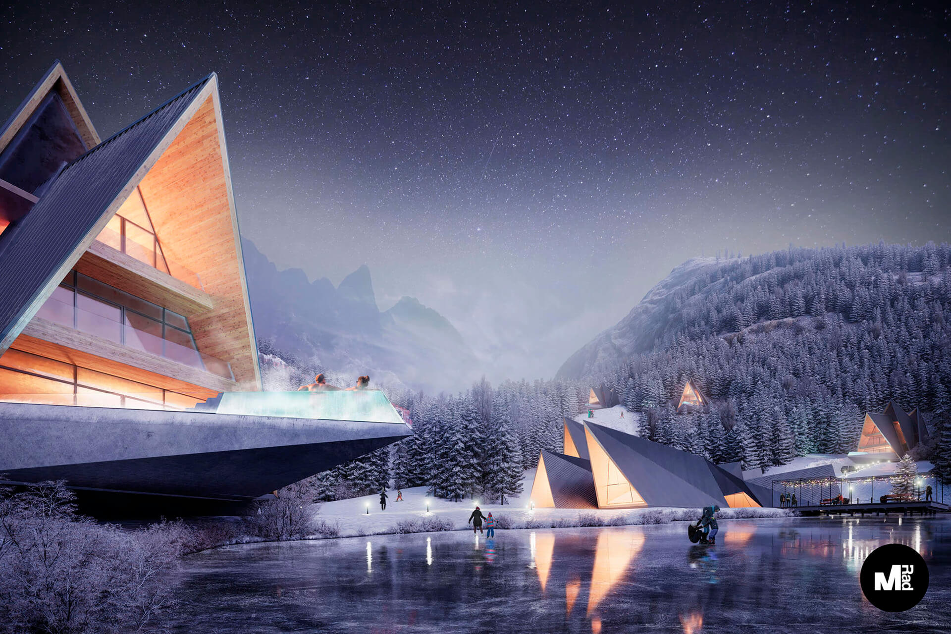 Nighttime Winter Setting in a 3D Rendering of a Hotel