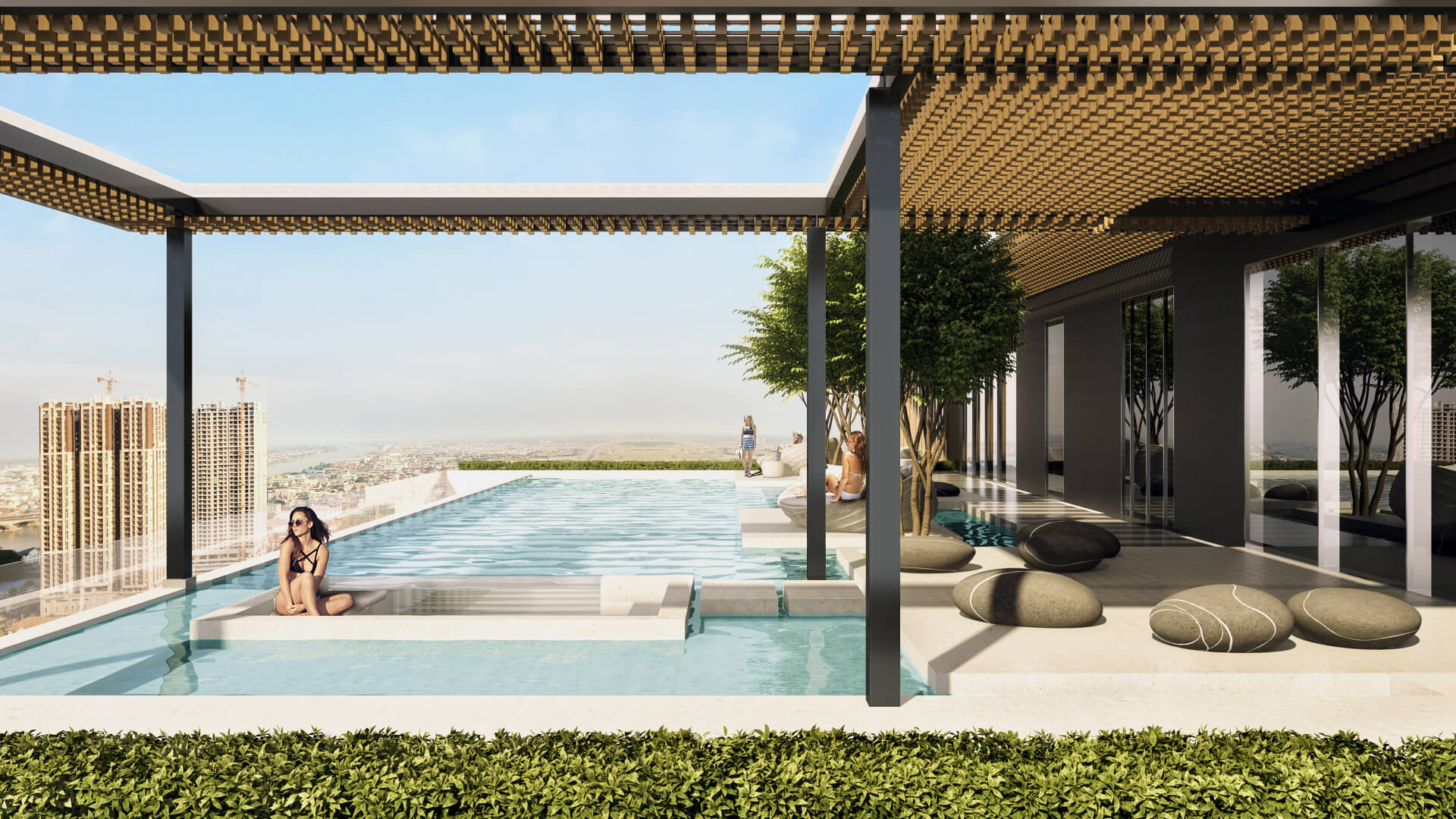 3D Render of a Rooftop Leisure Area with a Pool in a Hotel