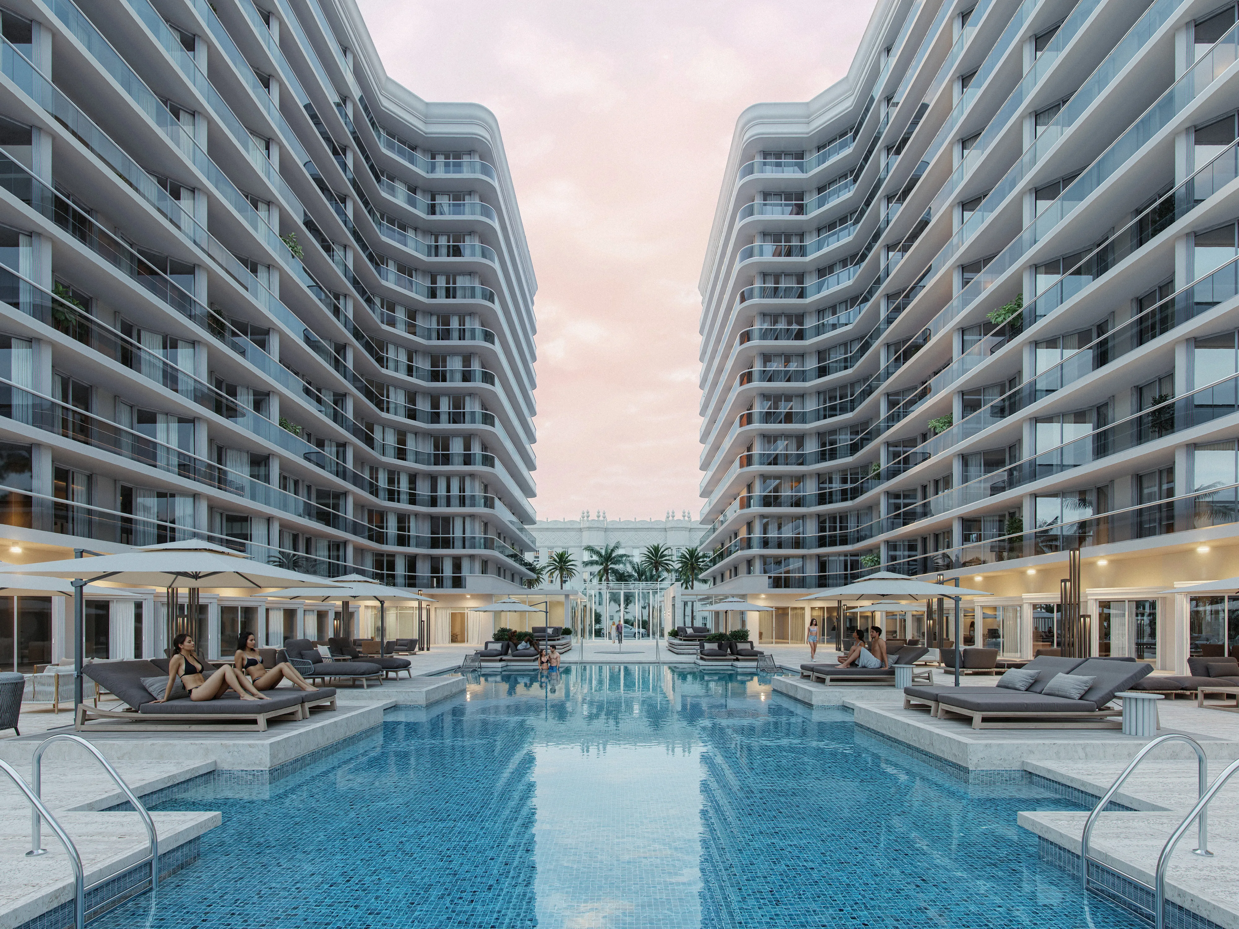Hotel rendering of a luxury pool courtyard between modern buildings with loungers