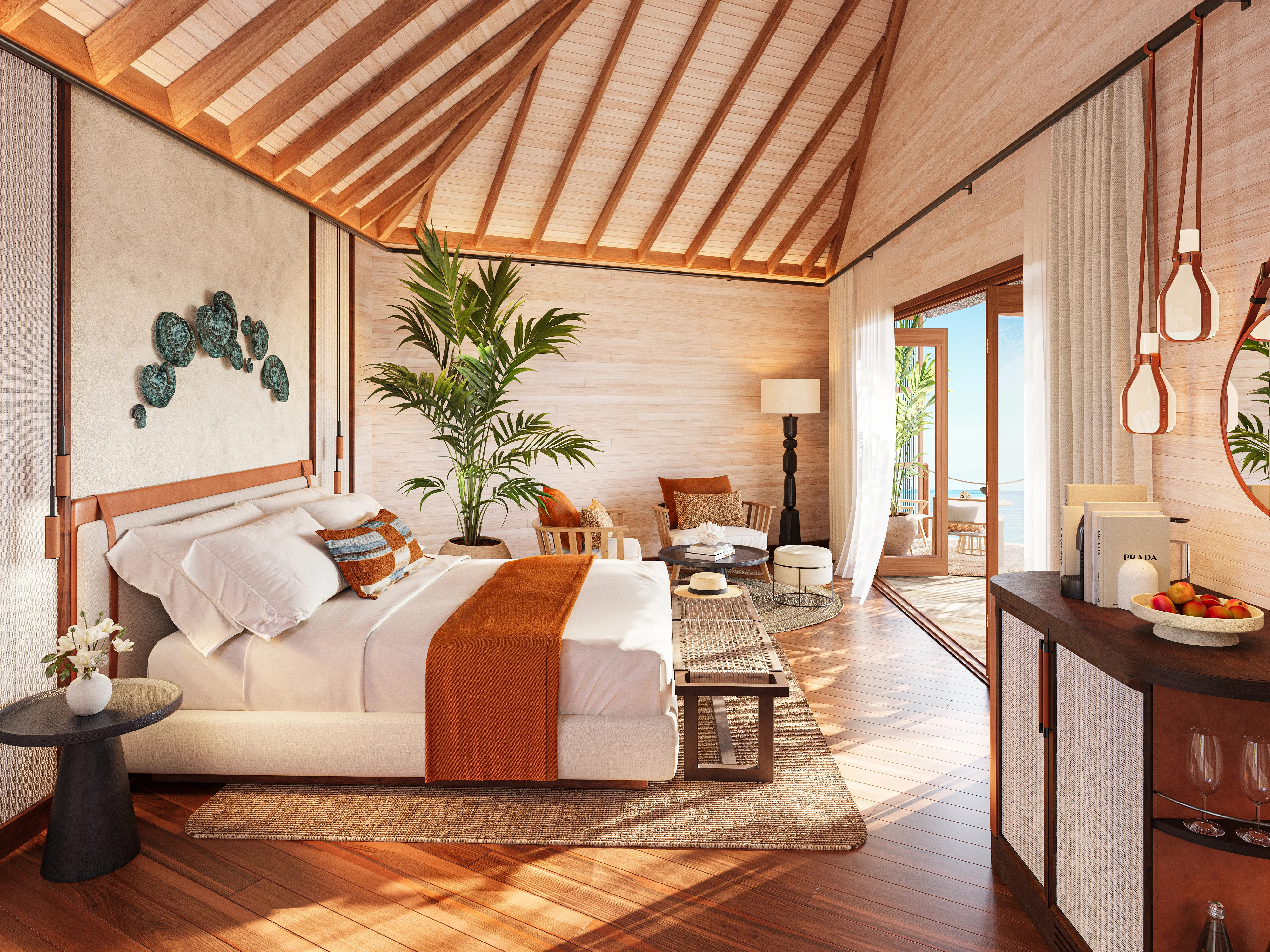 Hotel rendering of a tropical suite interior with wooden ceiling, cozy bed, and open terrace view