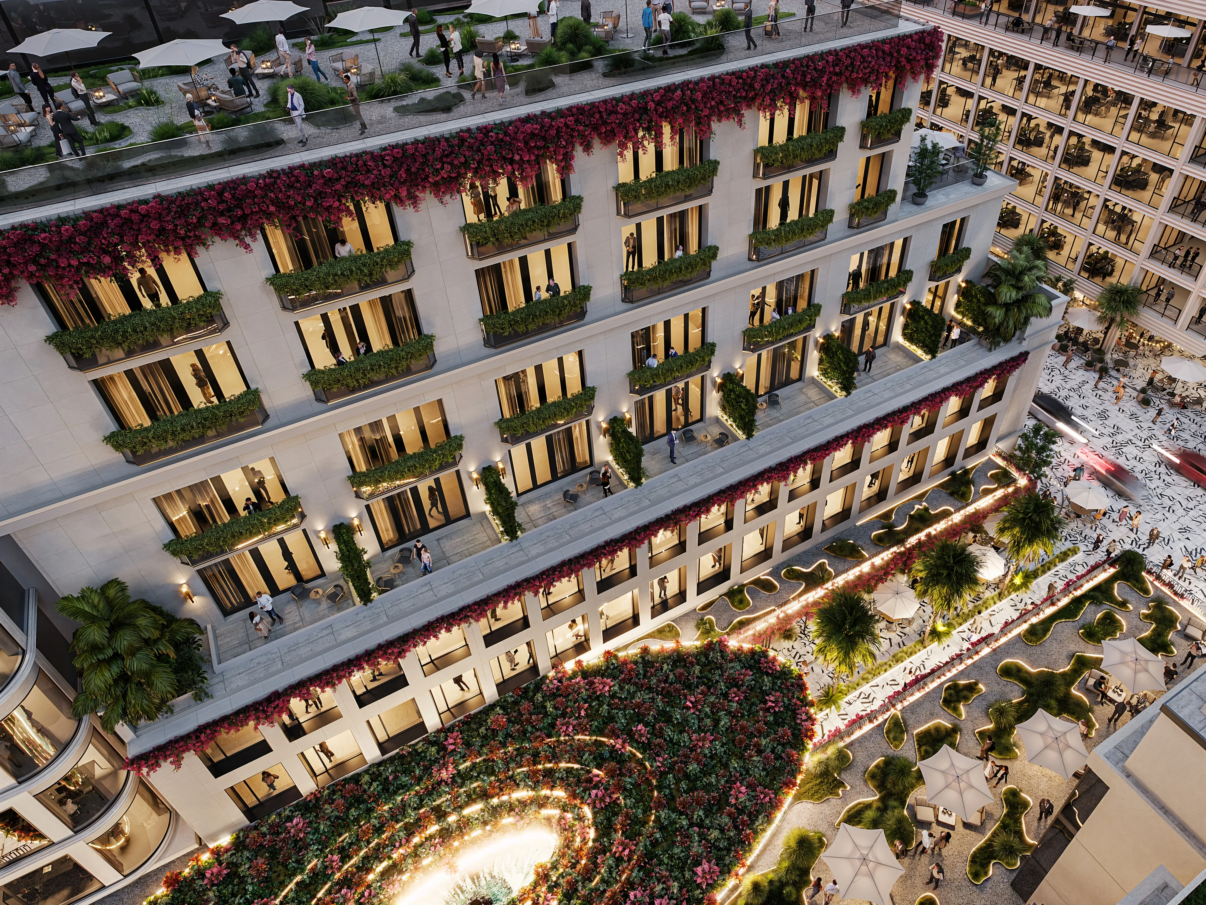 3D visualization of an urban hotel rooftop terrace with greenery, lighting, and social areas