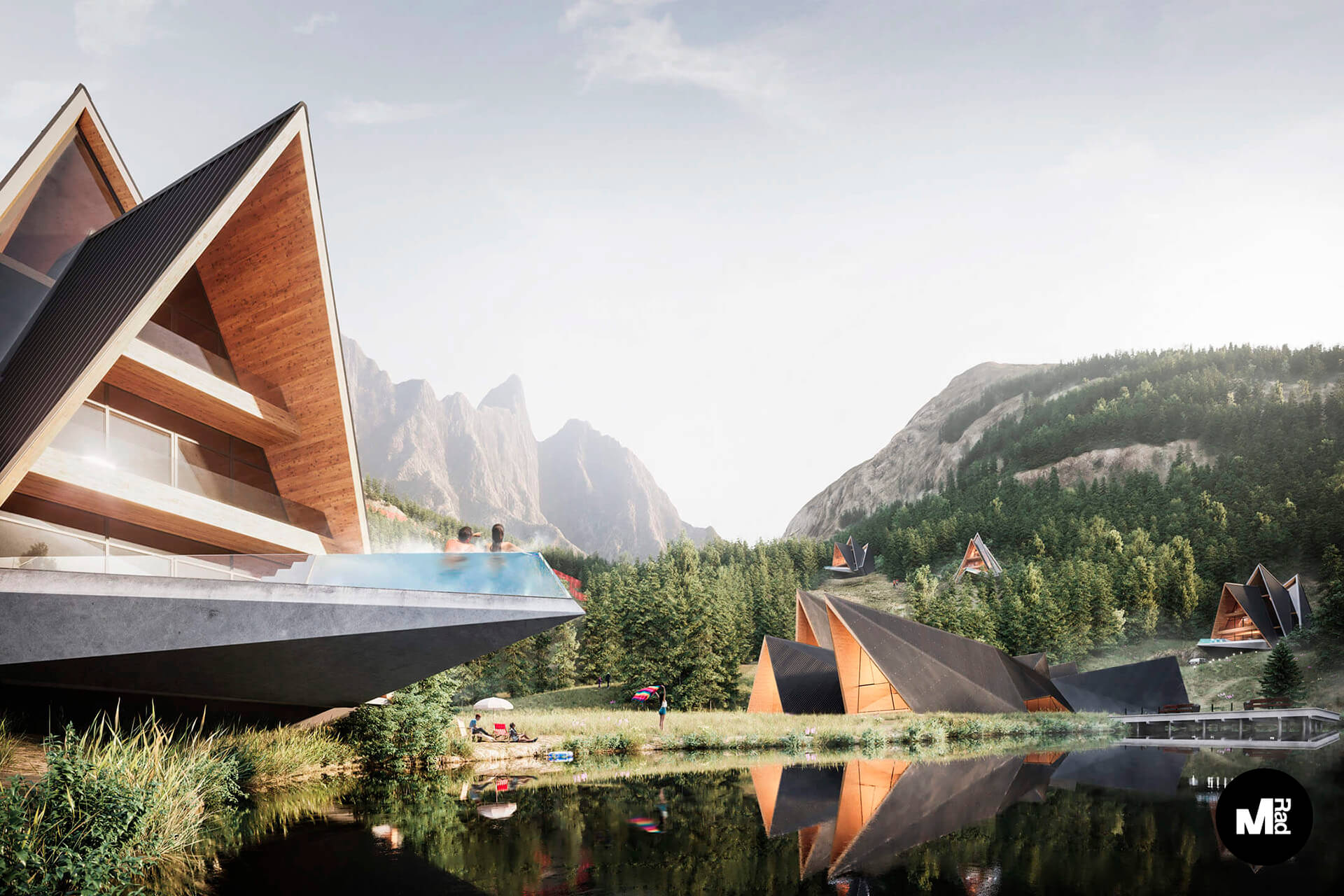 Photorealistic Daytime 3D Rendering of a Hotel Complex by the Lake