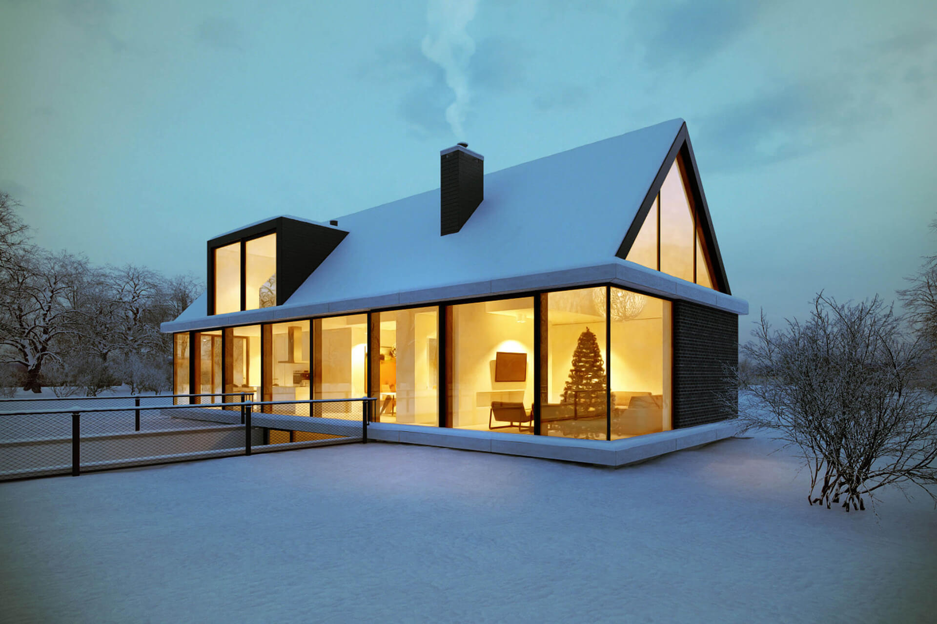 Atmospheric Exterior CGI of a Cozy House in Winter Setting