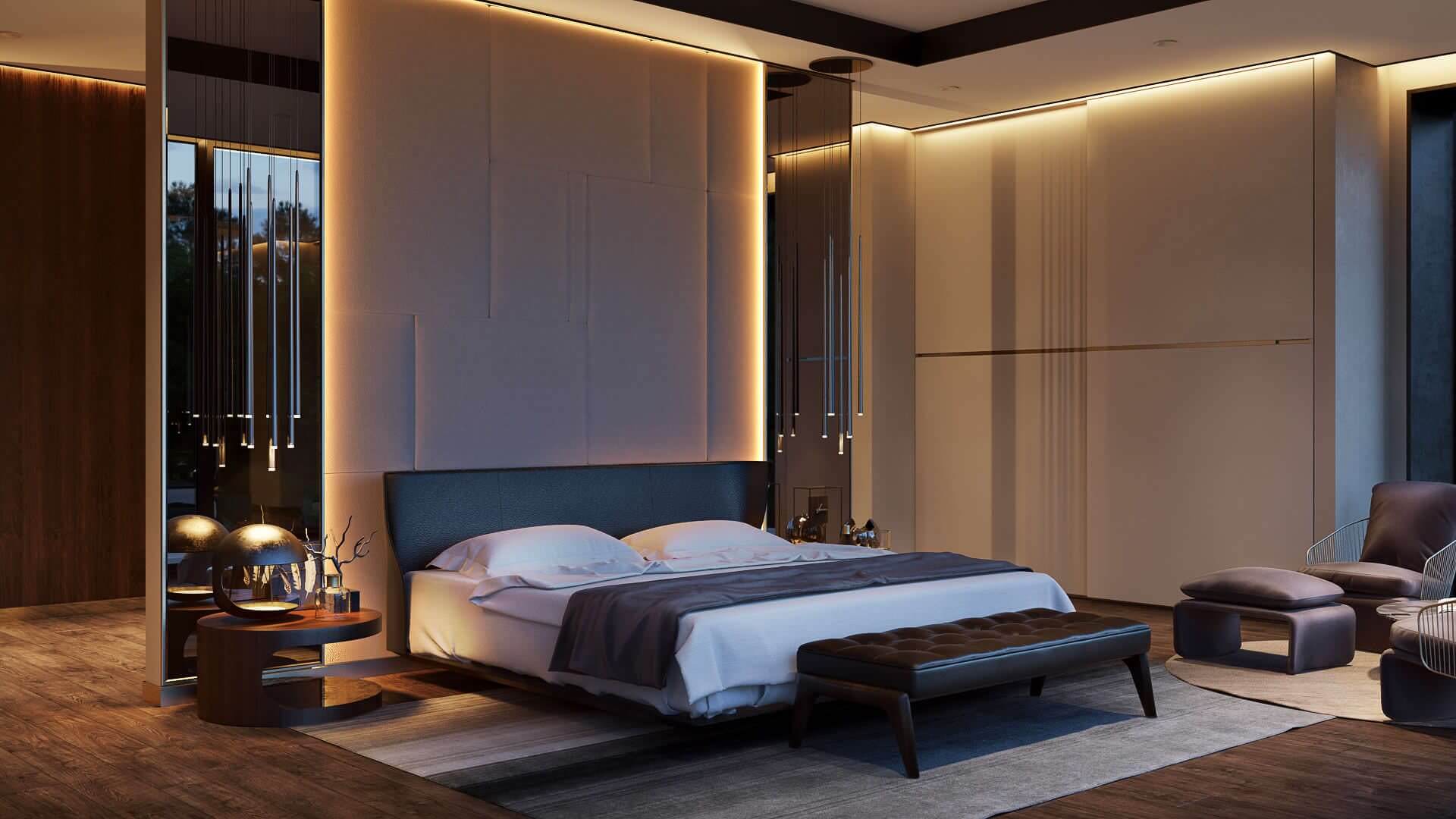Nighttime CG Image of an Elegant Modern Bedroom