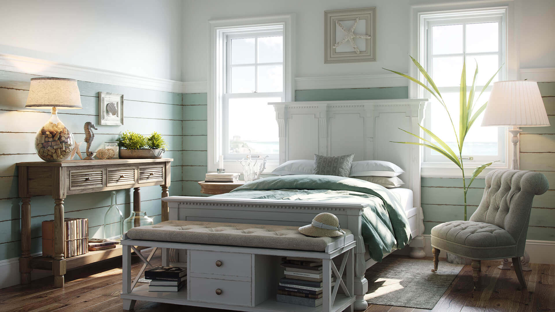 3D Visualization for a Pretty Coastal Bedroom Design