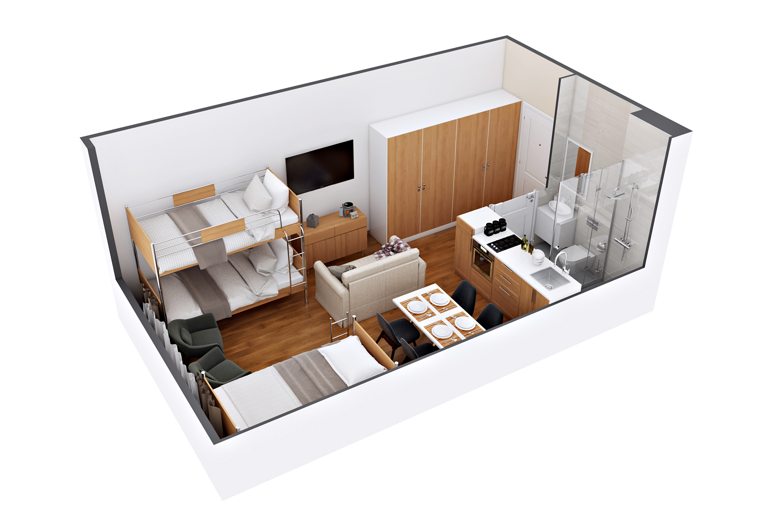 3D Floor Plan of a Compact Apartment