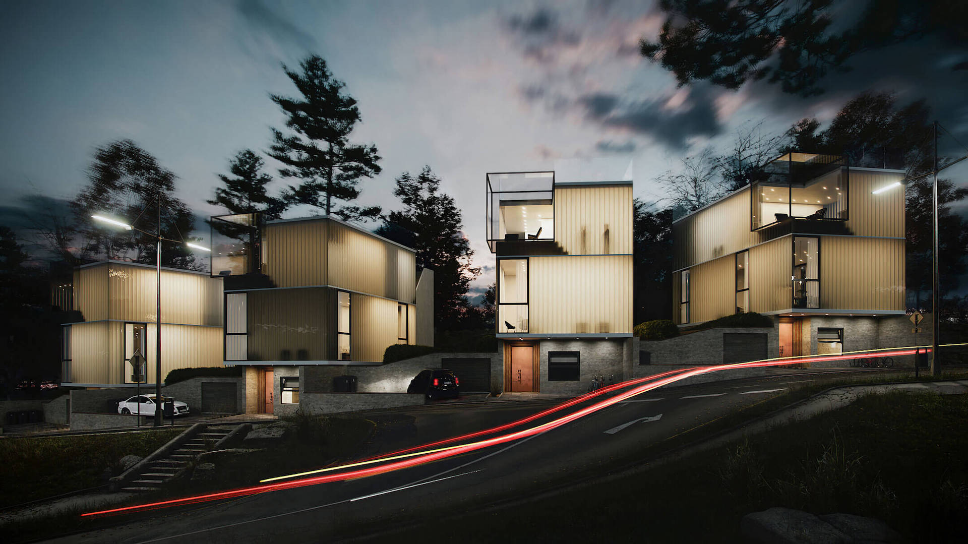 Atmospheric Nighttime 3D Rendering of a Small Stylish Housing Complex