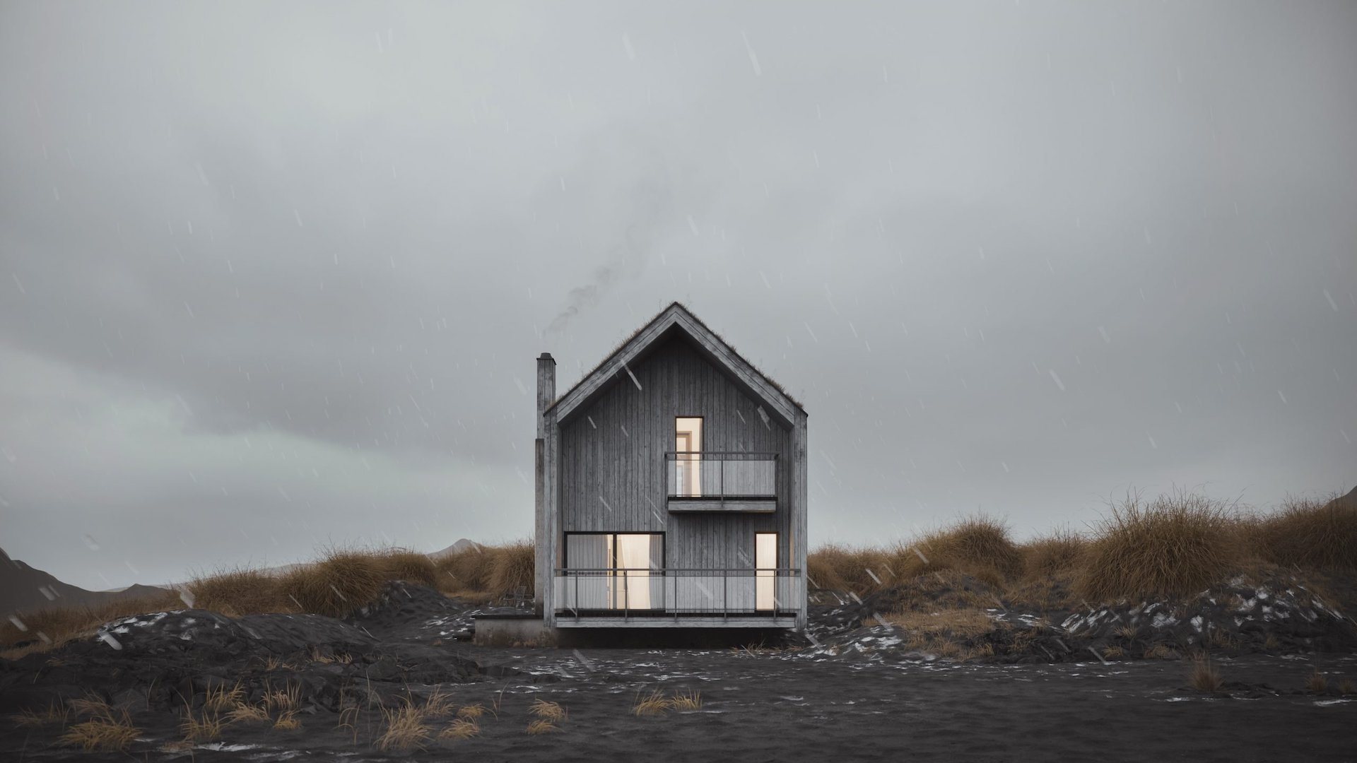 3D Architectural Rendering of a House in Rainy Weather