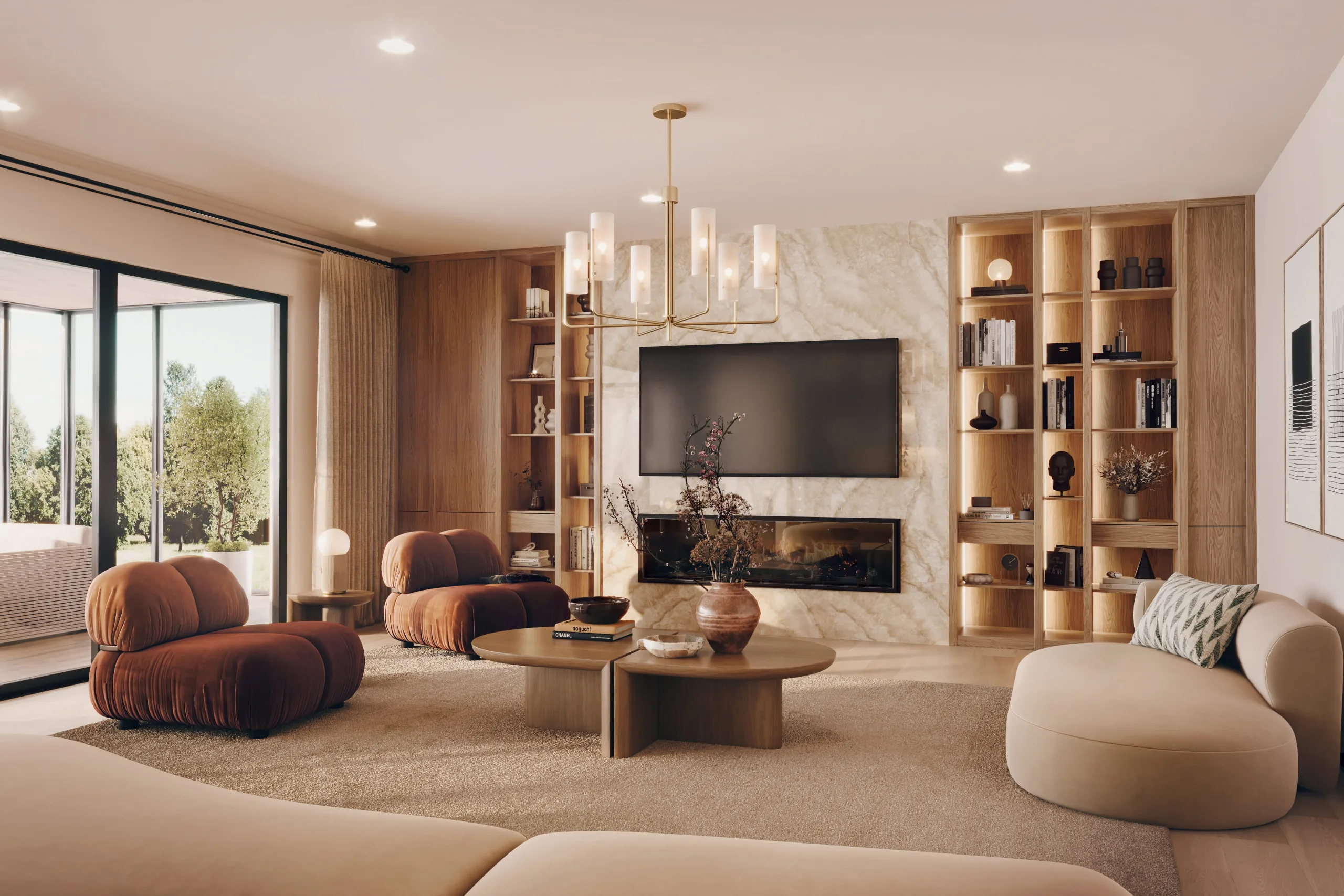 Luxury living room interior 3D rendering with terracotta armchairs, marble fireplace, and built-in shelving