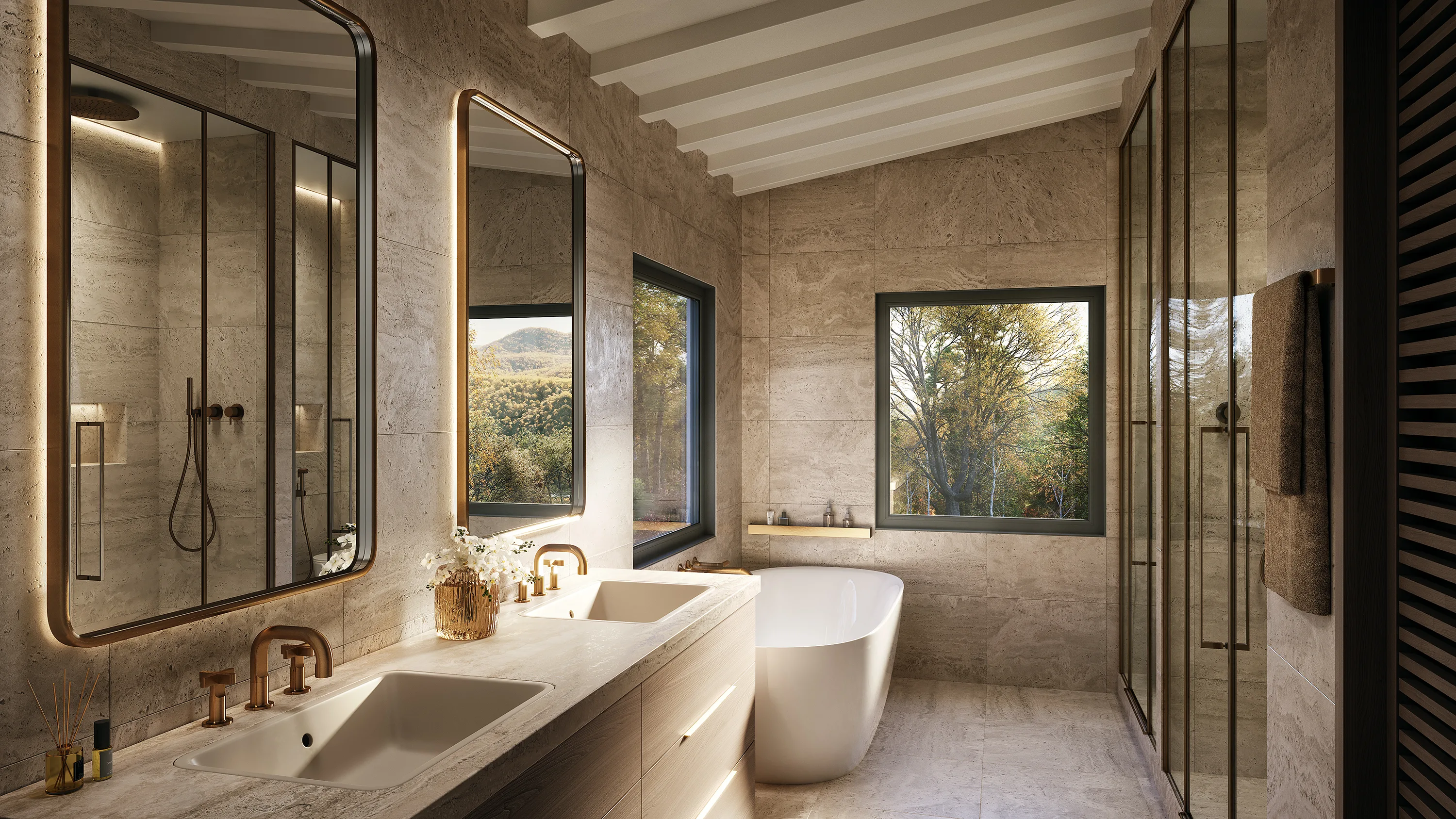 Luxury master bathroom interior render with stone-clad walls, oval soaking tub, gold fittings, and woodland views
