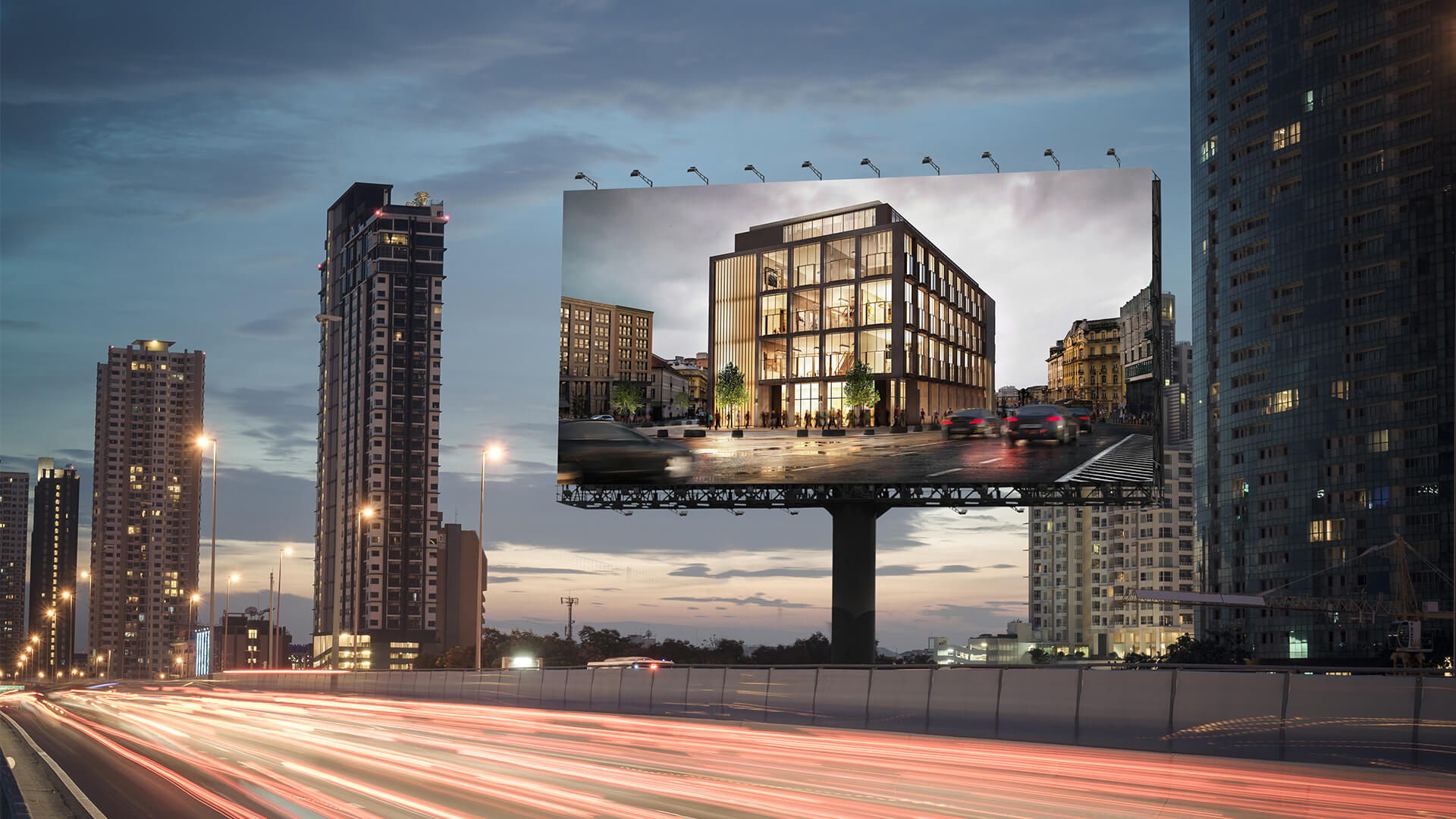 Large Billboard with Architectural 3D Render on a Busy City Road