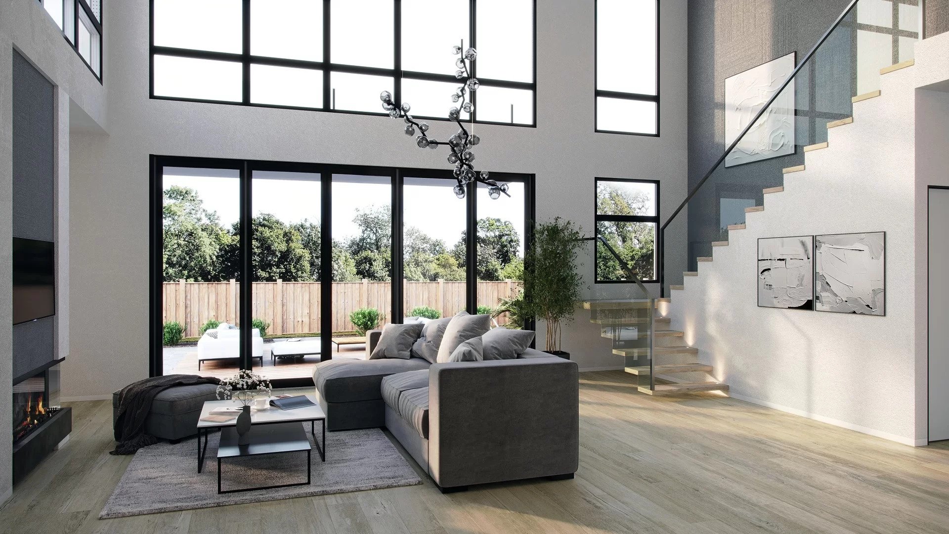 3D Rendering of a Spacious Living Room