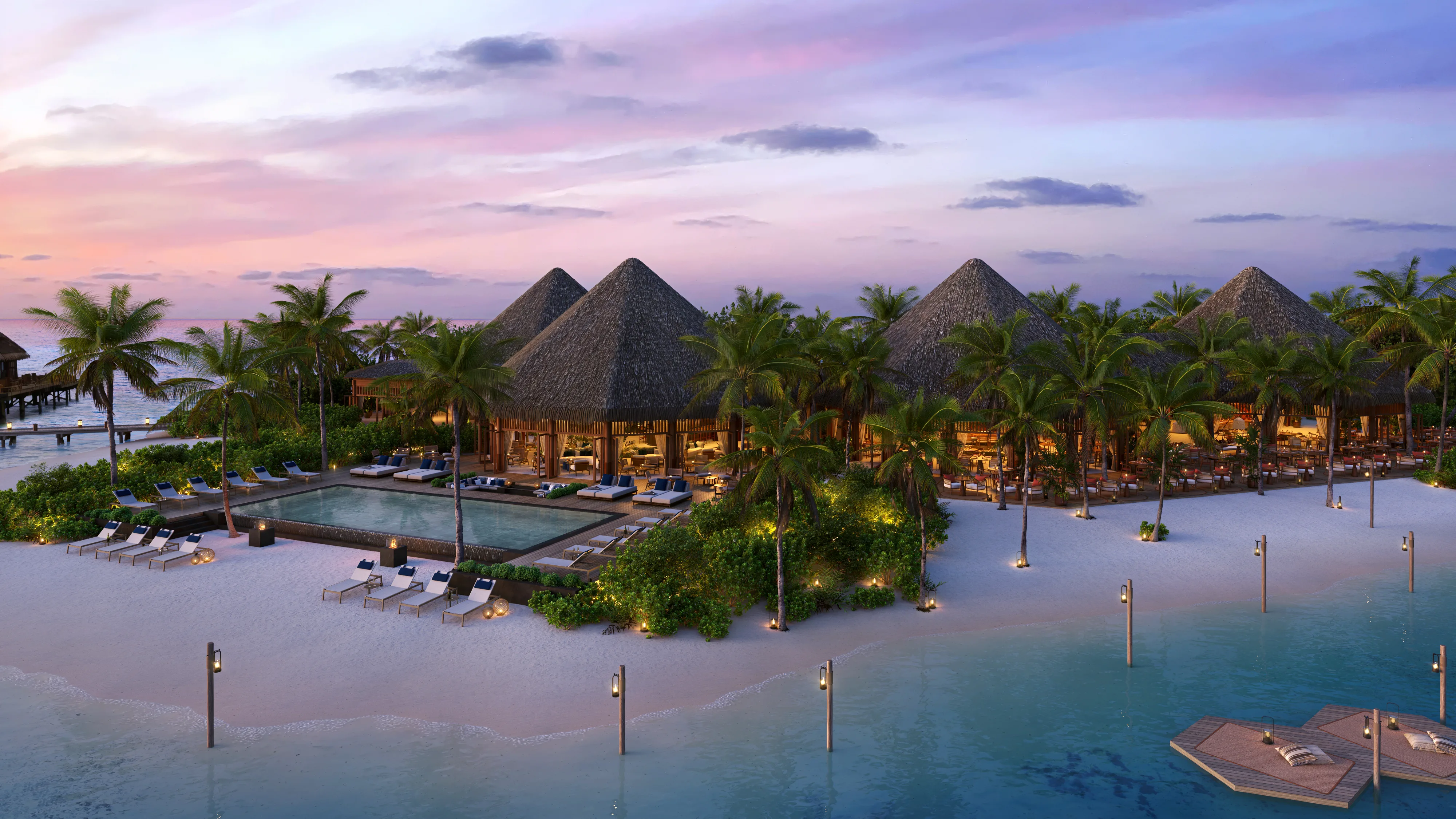 Atmospheric rendering of tropical overwater villas with thatched roofs, palm trees, and sunset lighting over a lagoon resort