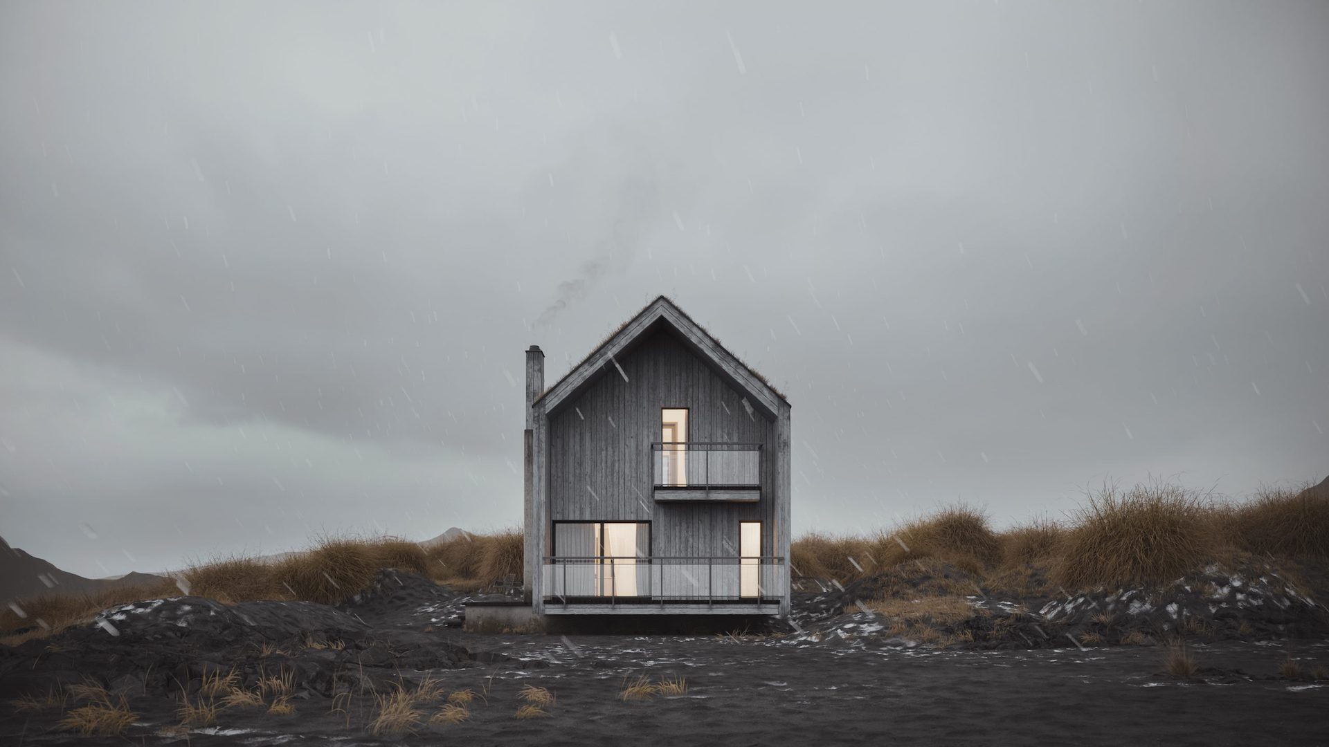 High-Quality 3D Visualization of a House in a Rainy Setting