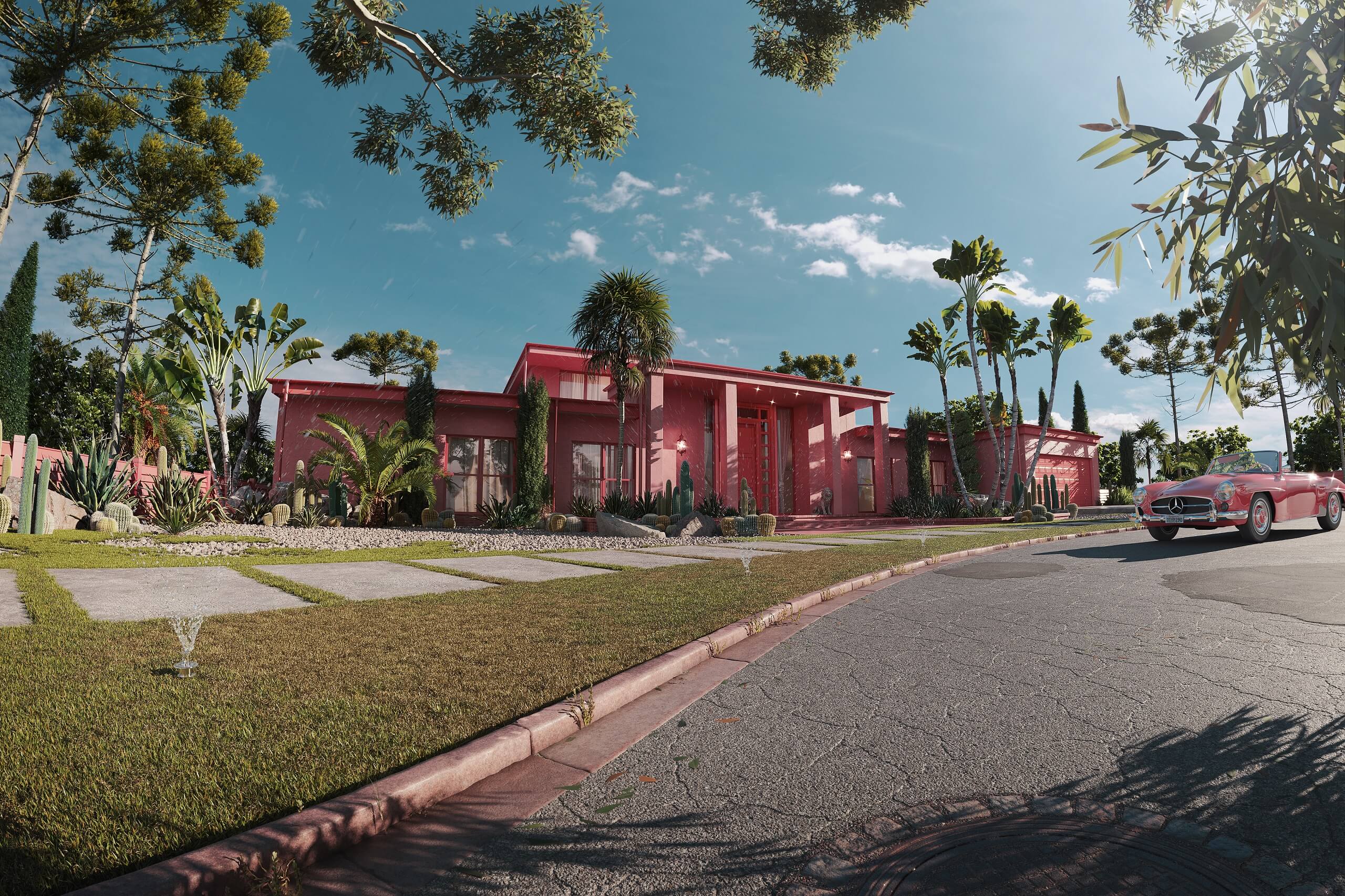 Exterior CGI of a Red Mansion in LA