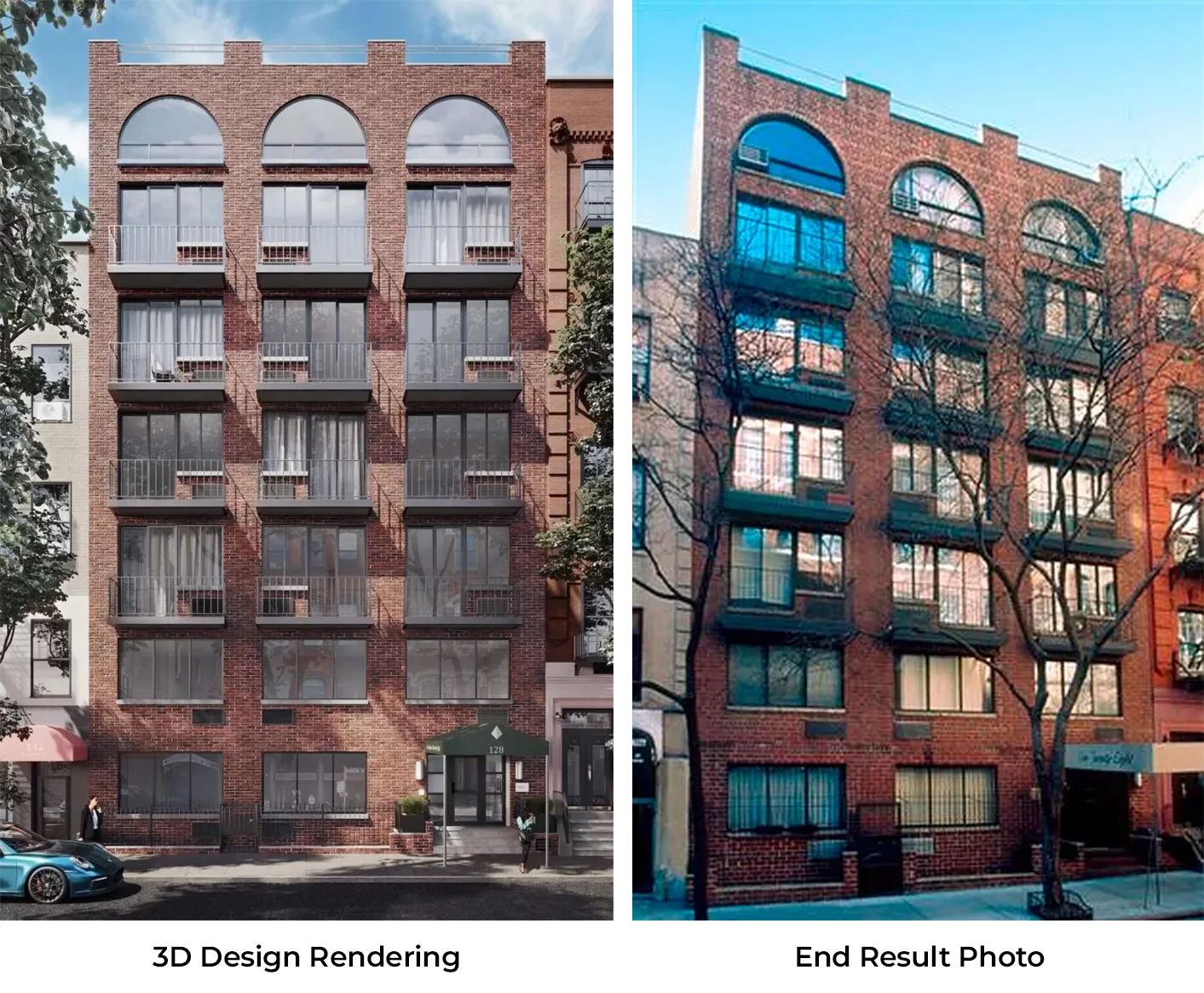 3D rendering for NYC vs real photo — Manhattan brick residential building exterior before and after.