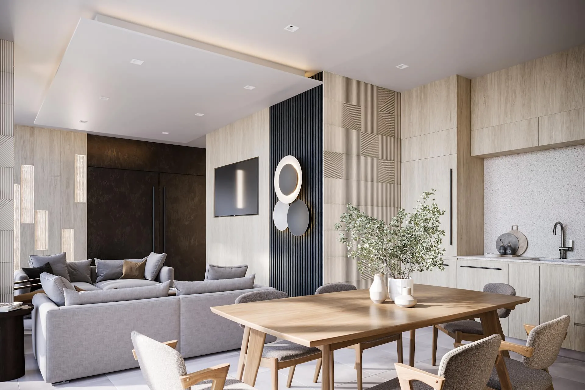 Architectural 3D rendering of a modern open-plan living and dining area with wood finishes, Canada project