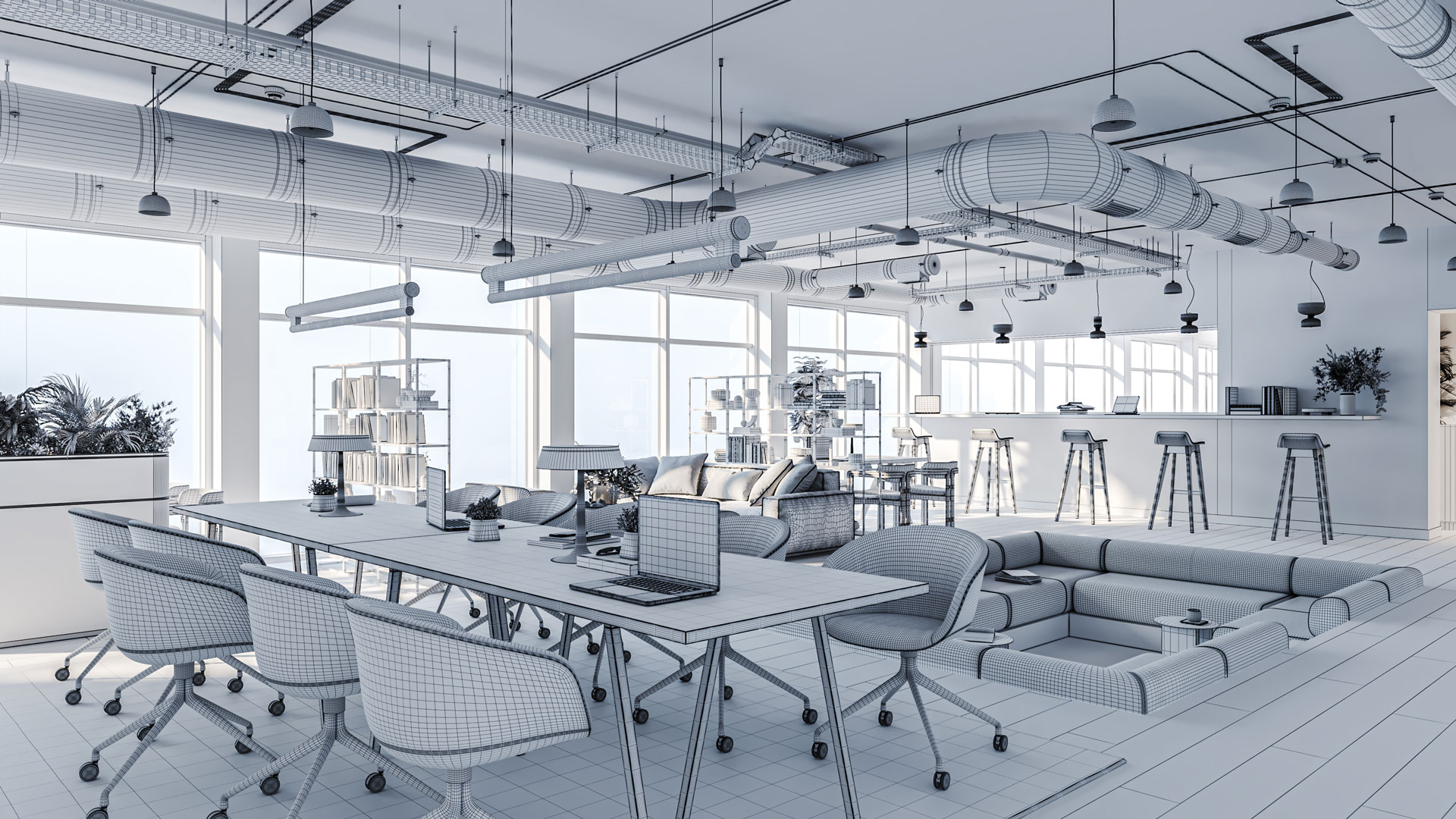 Grayscale Visualization for an Office Interior