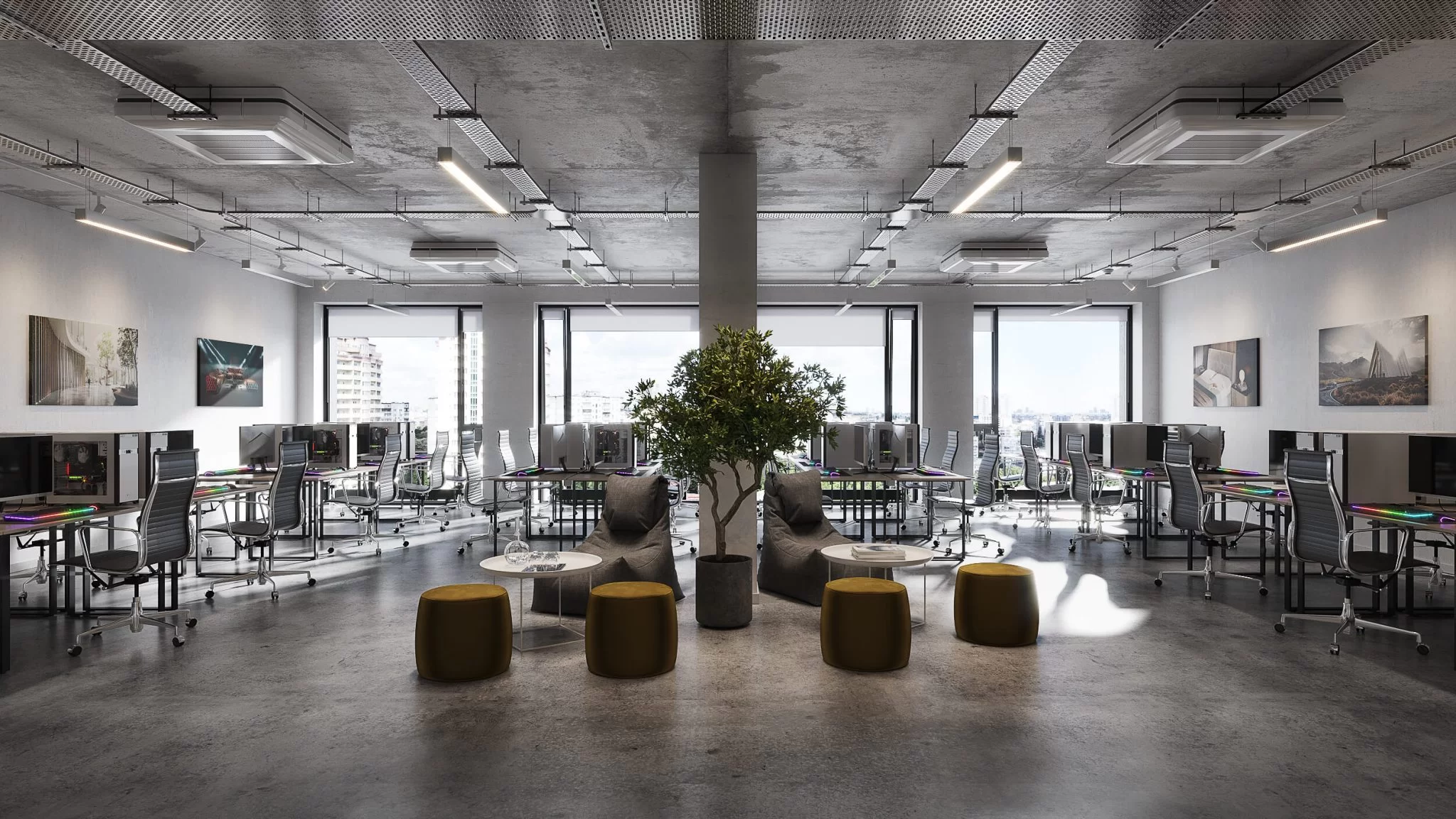 Vast office space 3D visualization showing the interior layout and furniture