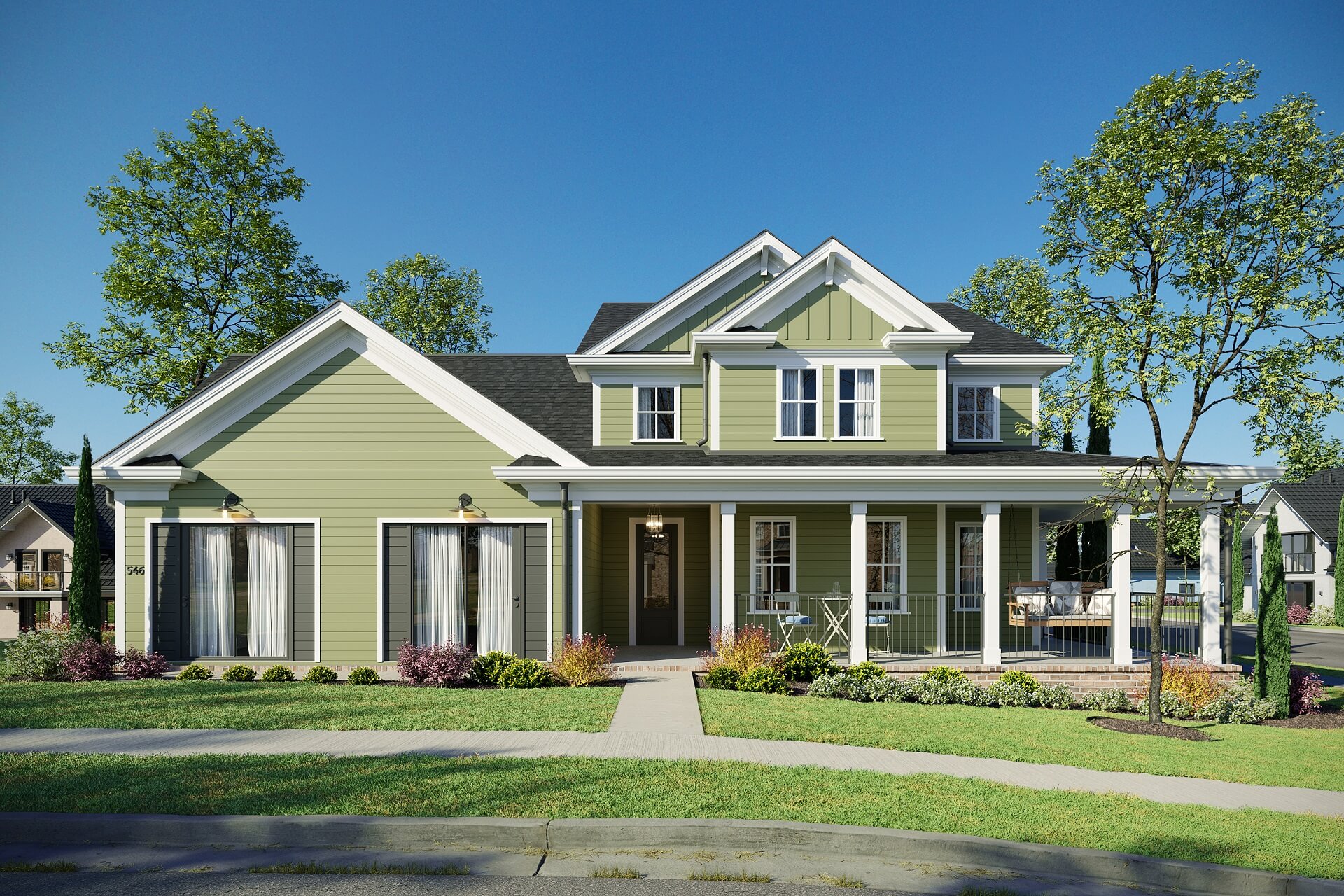 3D Rendering of a Home in Green and White Colors