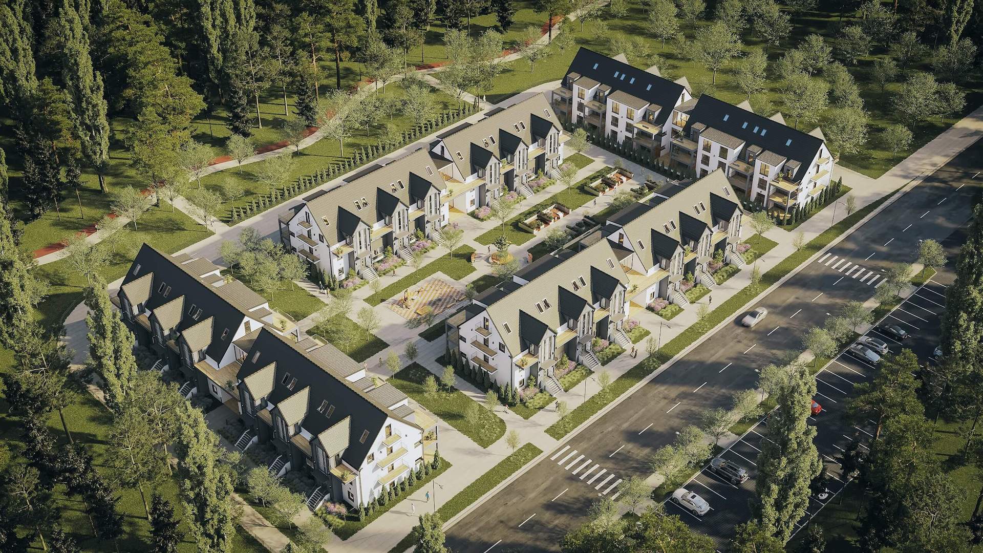 Aerial 3D Rendering of Townhouse Complex in Canada