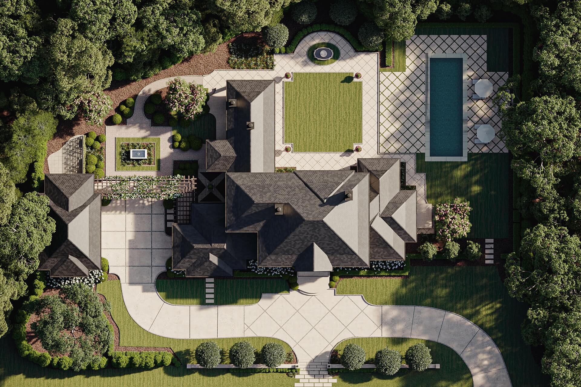 Aerial 3D Rendering of a Chic Mansion