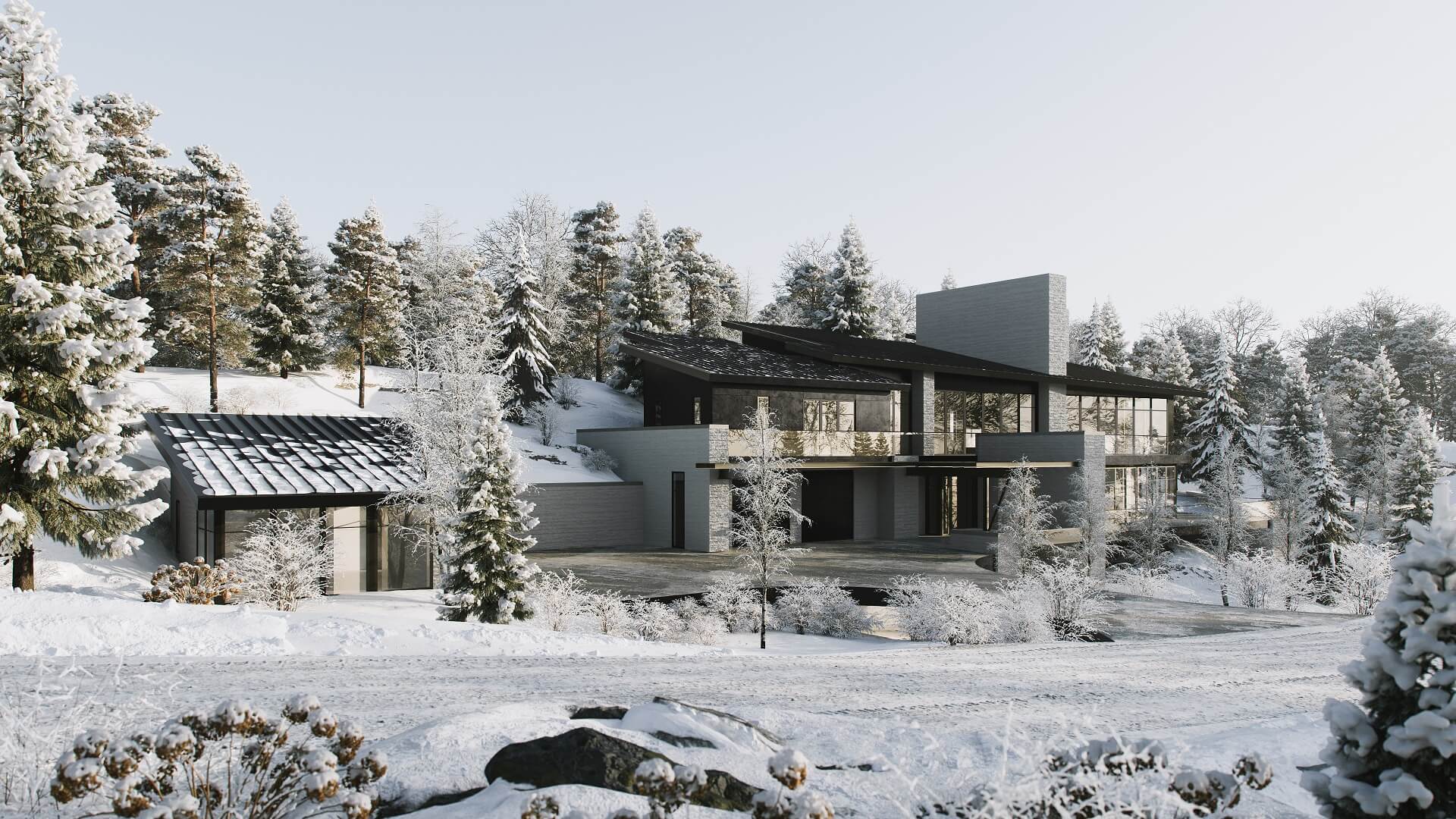 3D Render for a Luxury House in winter Mountains