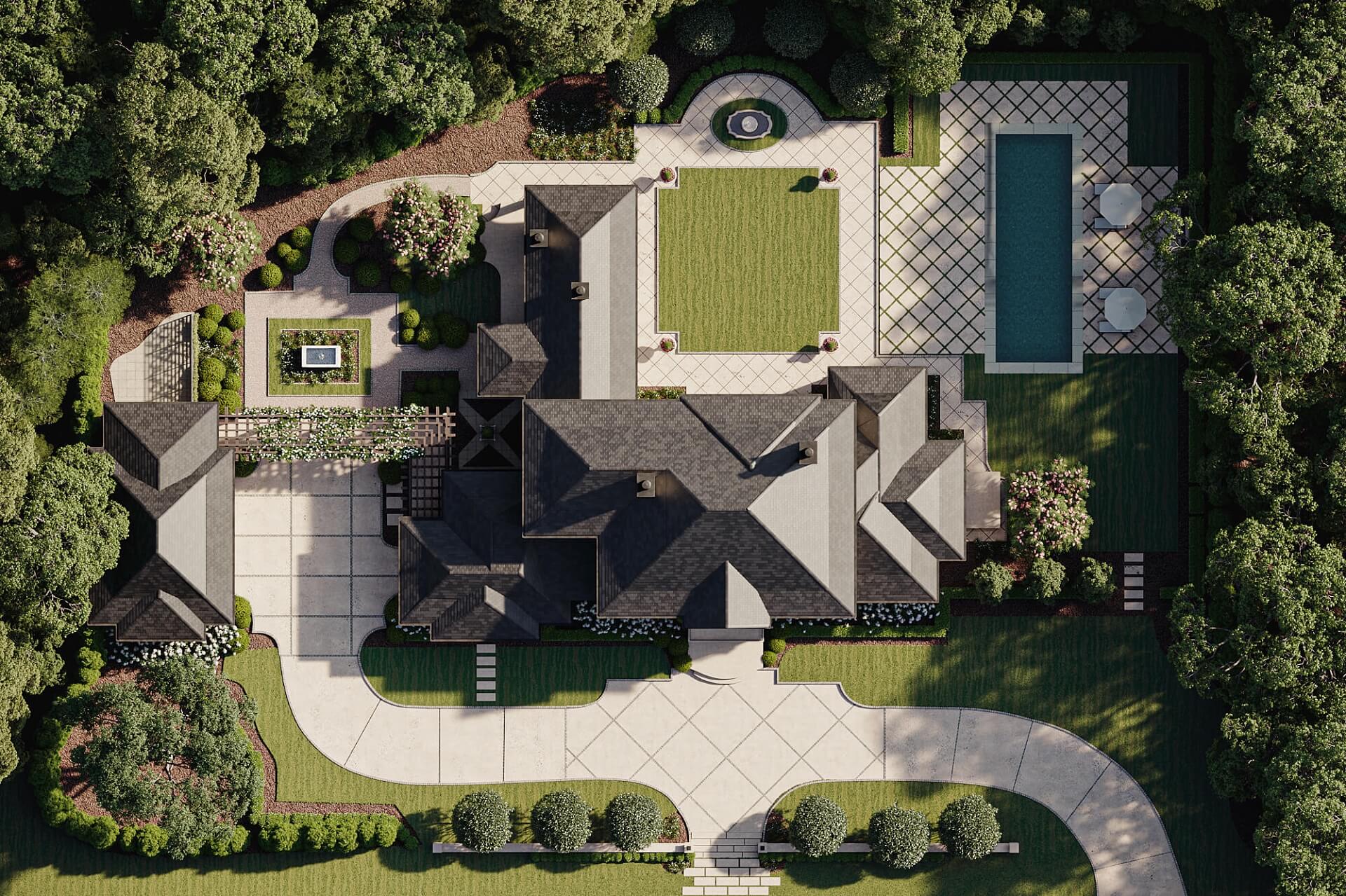 Birds Eye View 3D Rendering of a Chic Mansion