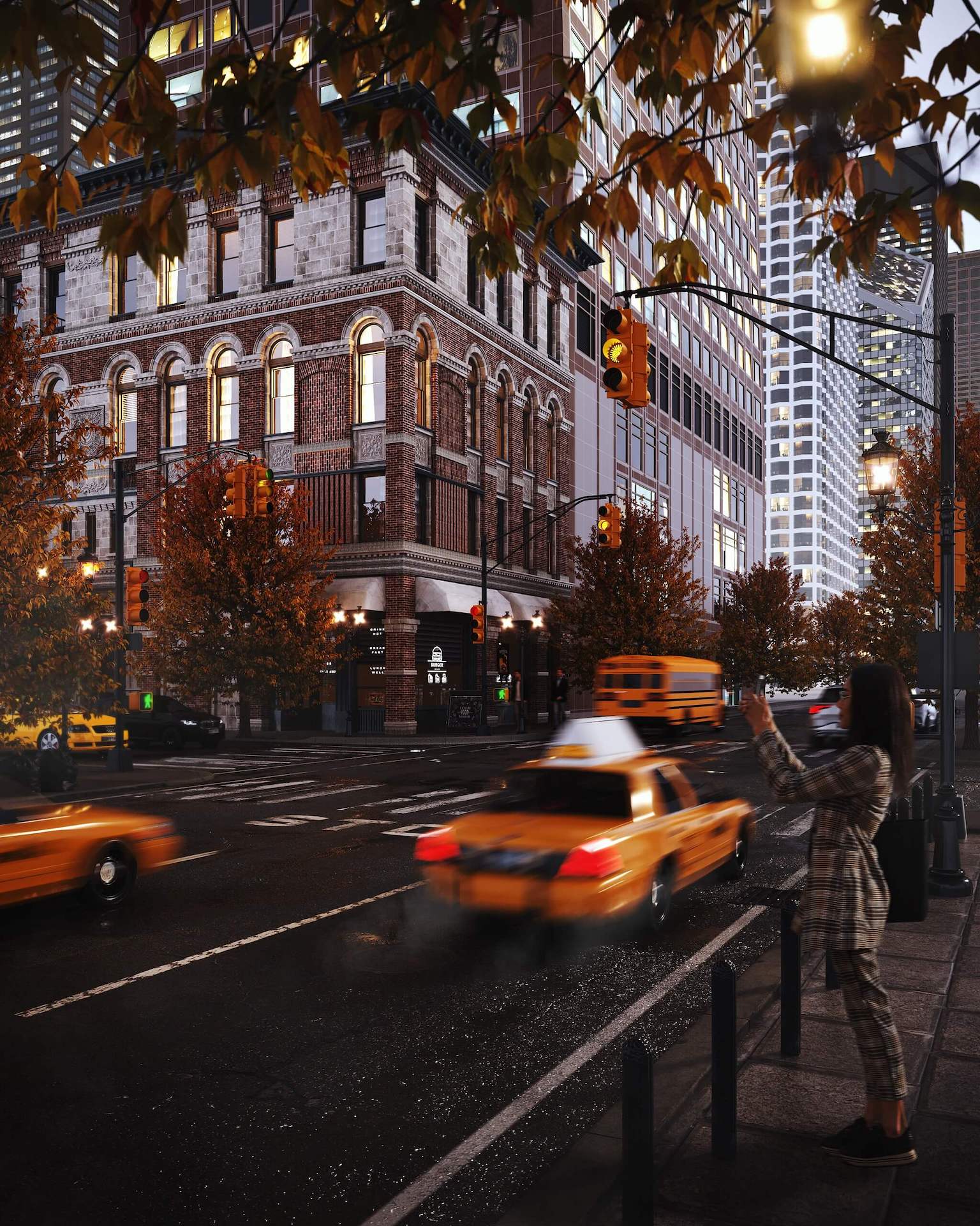 Fall 3D Rendering of Busy City Street