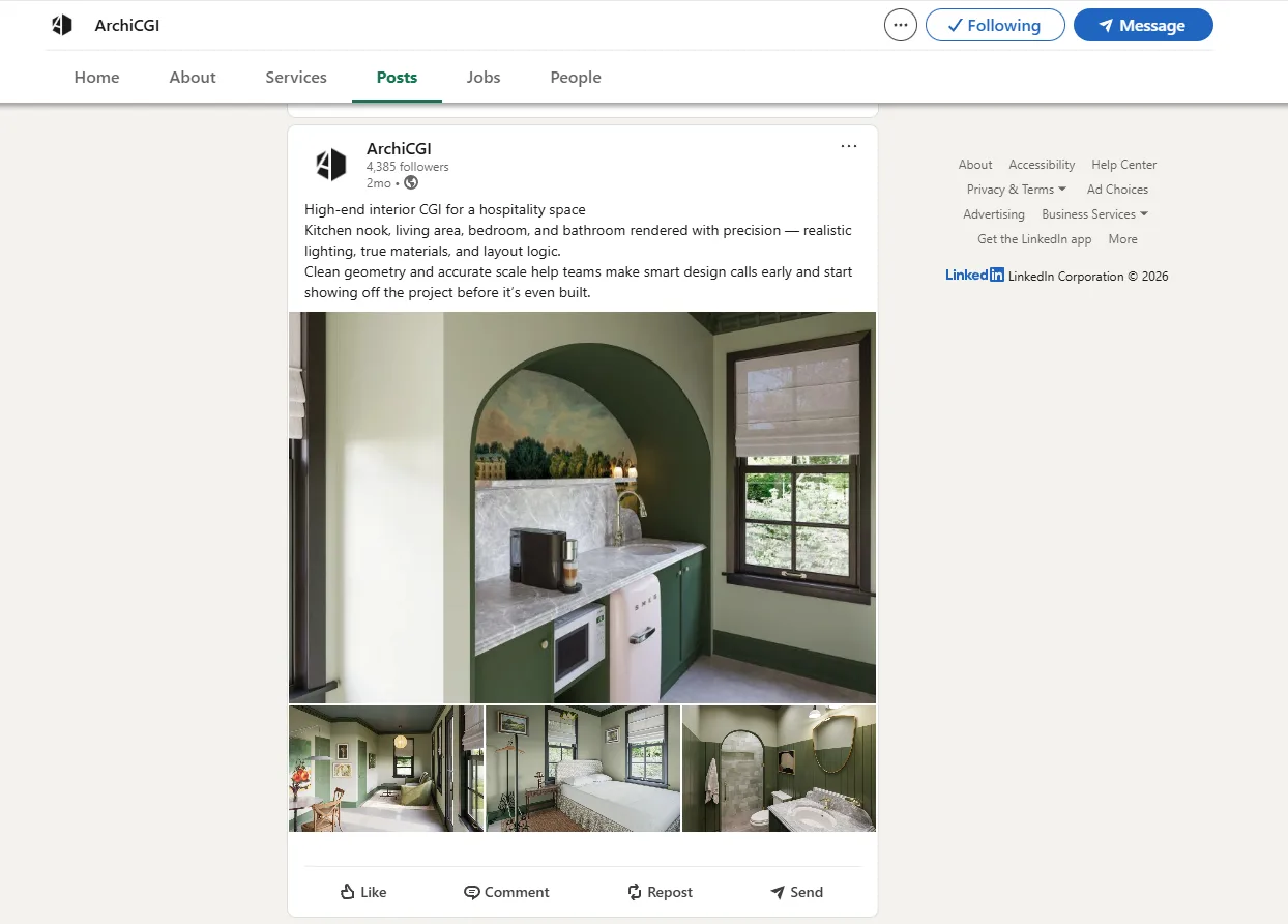 LinkedIn post showing an architectural project with interior CGI images and caption as part of marketing posting
