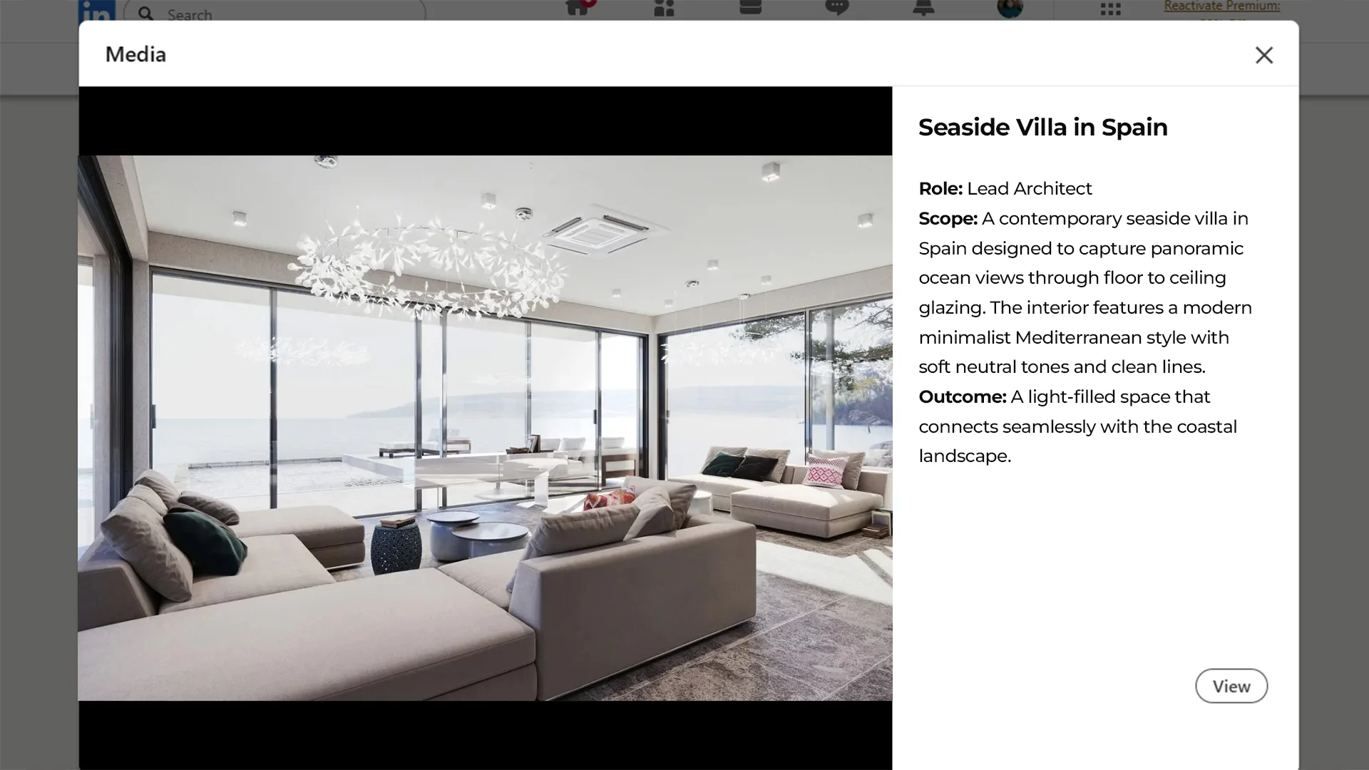 LinkedIn feature section showing an architect’s project with seaside villa interior, project details, and description text