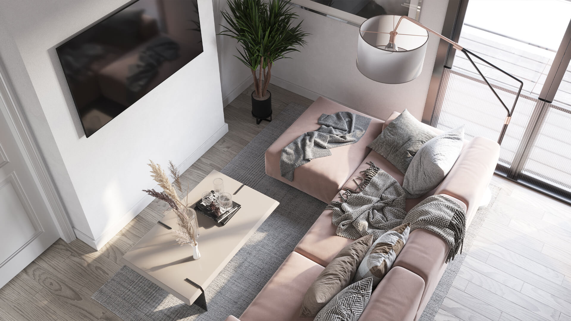 Top-down 3D View of a Modern Living Room