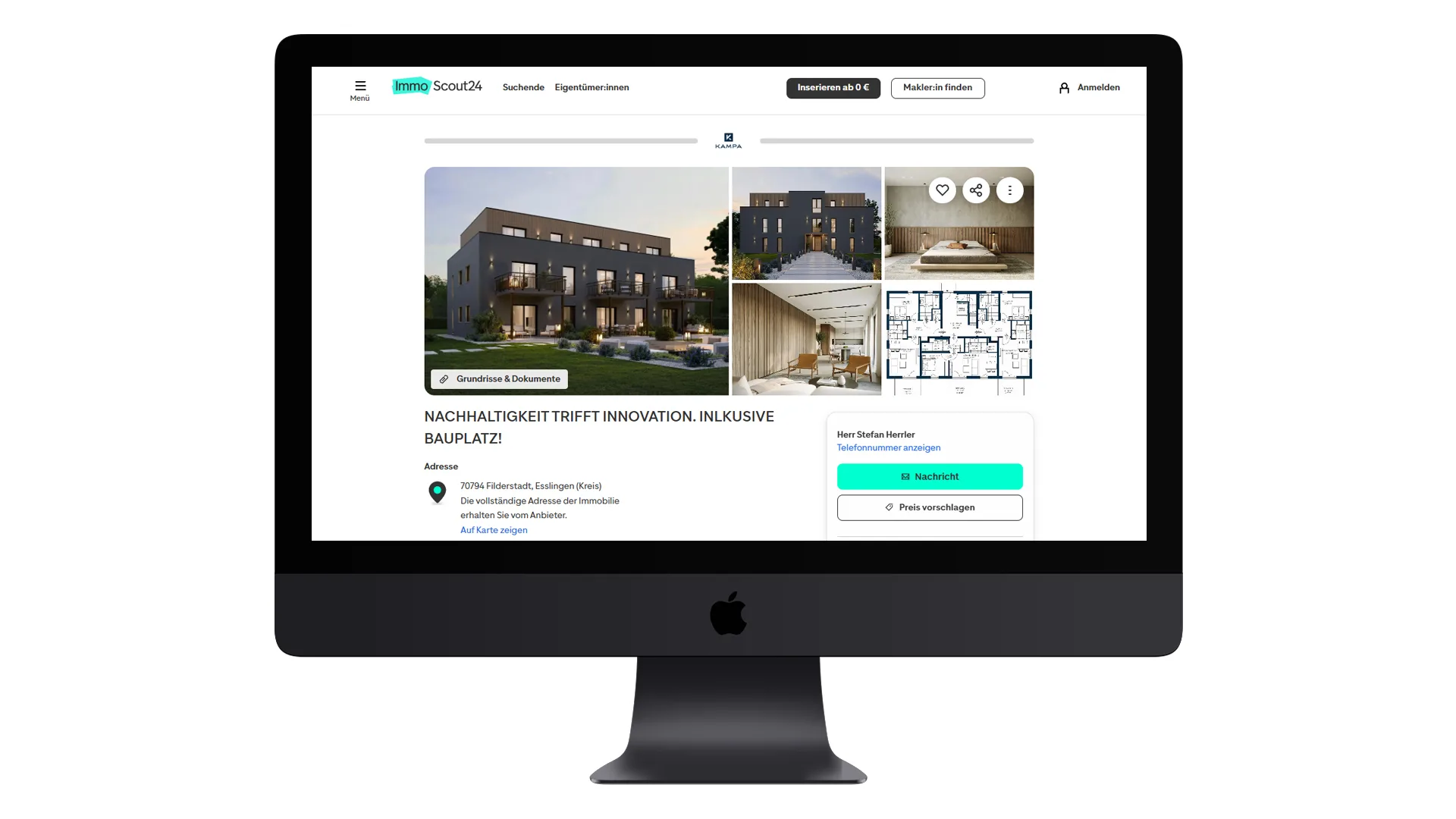Property listing displayed on a computer screen with real estate 3D visualization images of a residential development