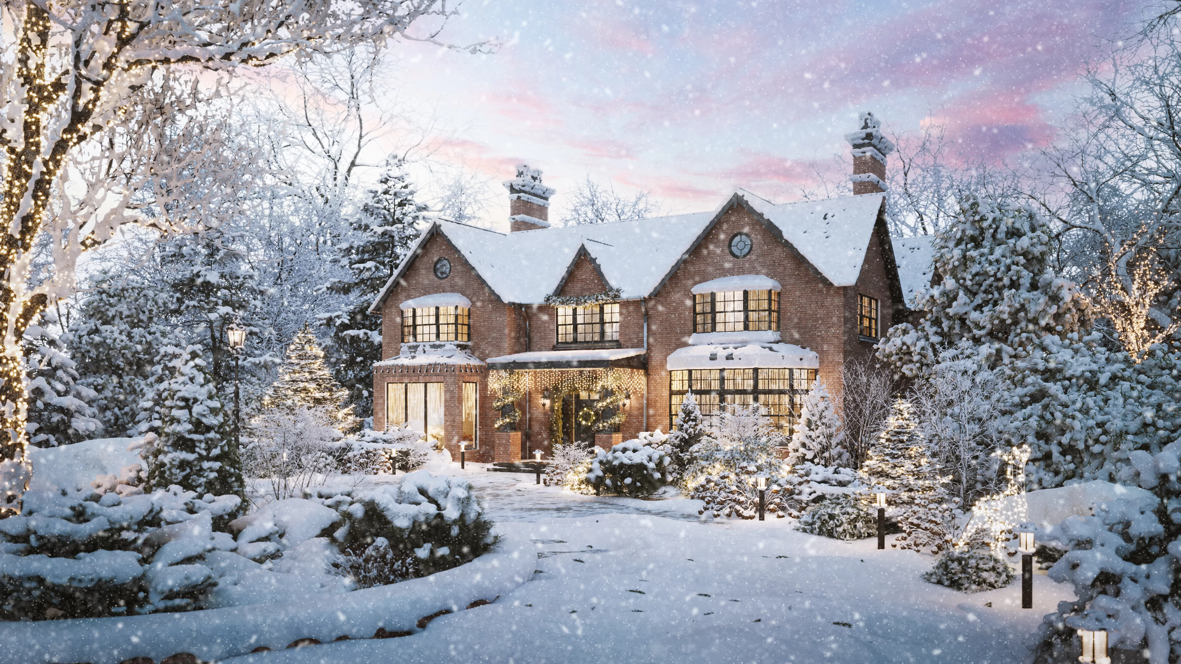 Snow covered brick house decorated for the holidays in a cozy winter real estate 3D rendering